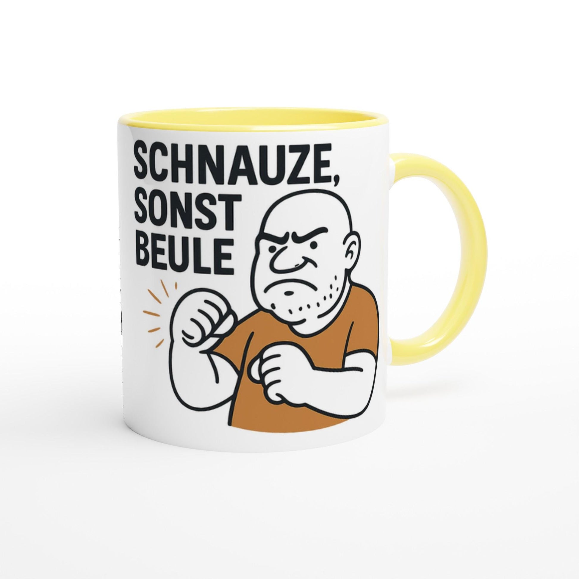 Lustige Geschenkidee Tasse mit Aufdruck Schnauze sonst Beule und wütender Cartoonfigur