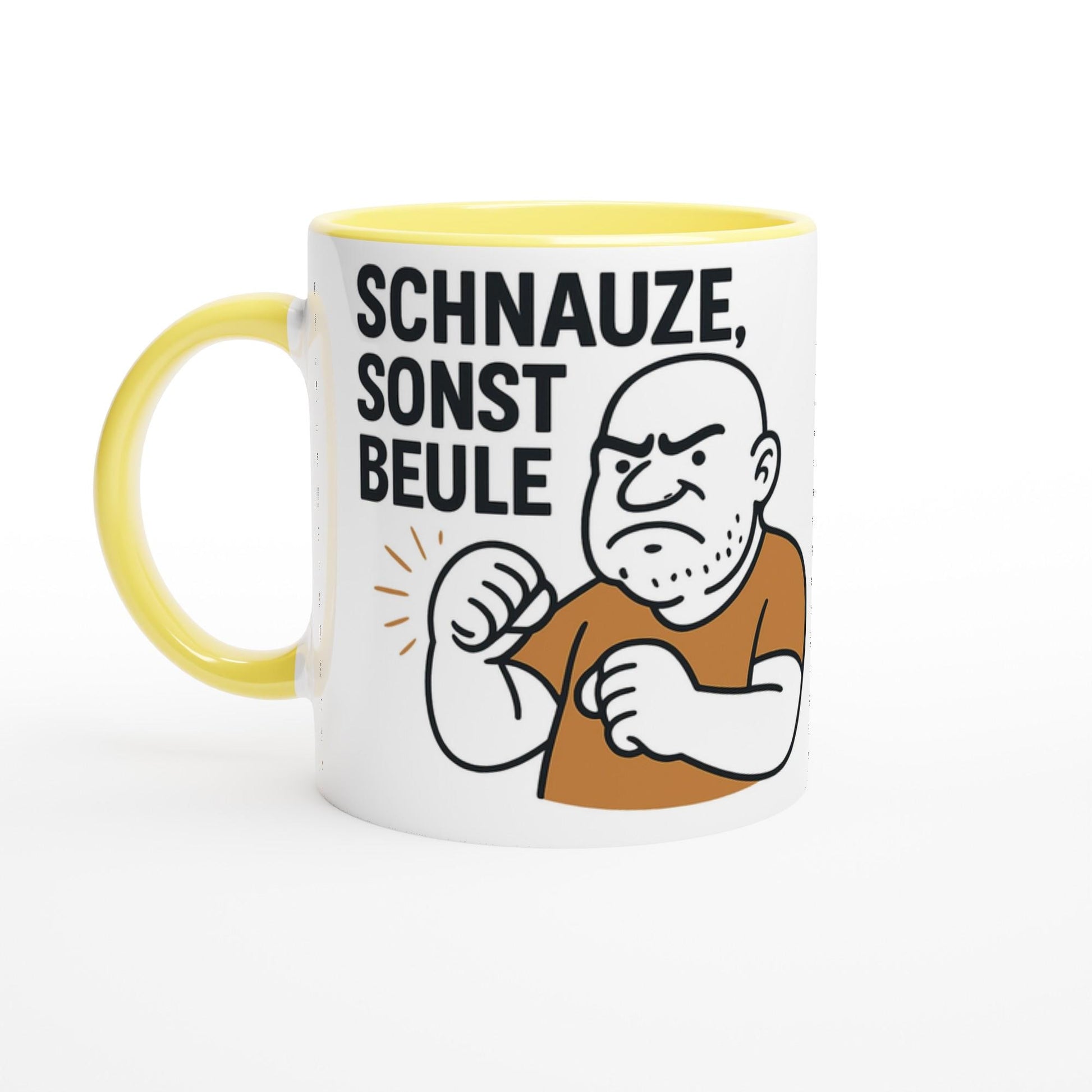 Lustige Geschenkidee Tasse mit gelbem Henkel und Aufdruck Schnauze sonst Beule Cartoon
