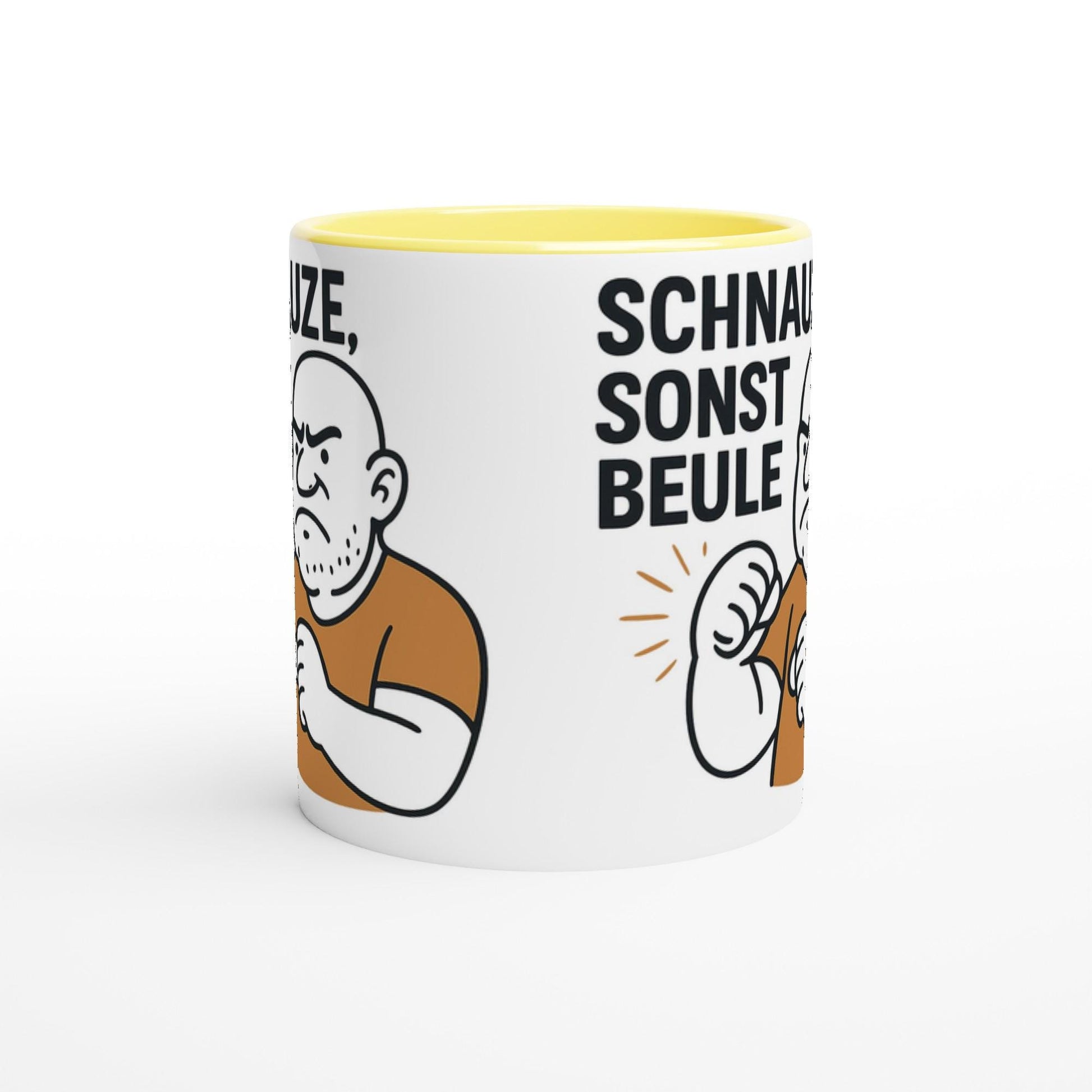 Weiße lustige Geschenkidee Tasse mit gelbem Innenraum und wütendem Cartoon-Mann