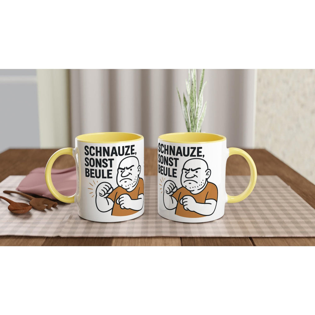Weiße Tasse mit gelbem Henkel und lustiger Aufschrift Schnauze sonst Beule lustige Geschenkidee Tasse