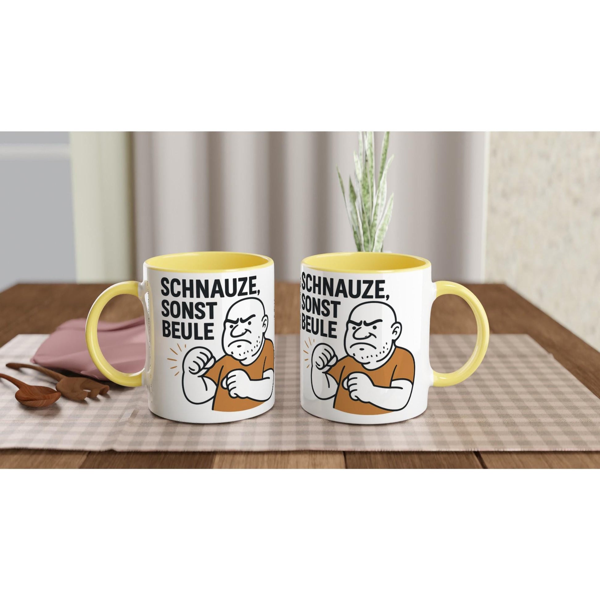 Weiße Tasse mit gelbem Henkel und lustiger Aufschrift Schnauze sonst Beule lustige Geschenkidee Tasse