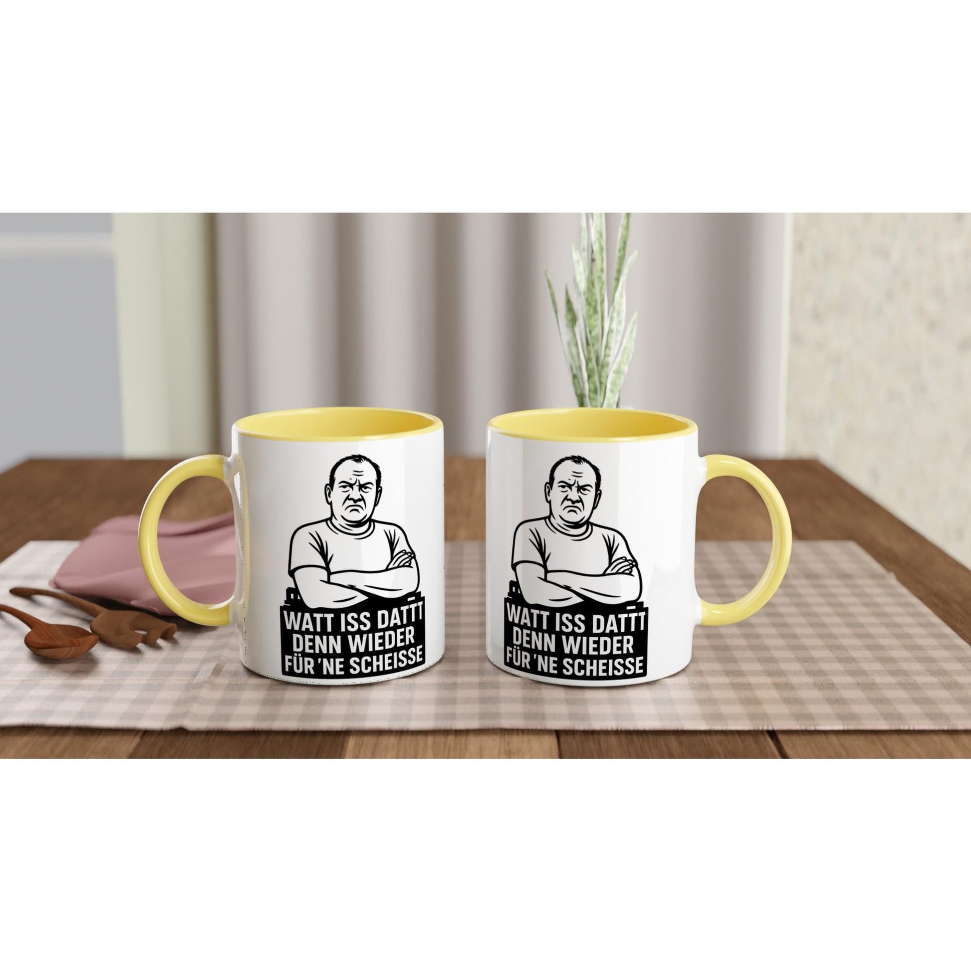 Lustige Keramiktasse Geschenk mit gelbem Griff und Innenfarbe sowie humorvollem Spruch in Schwarzweiß