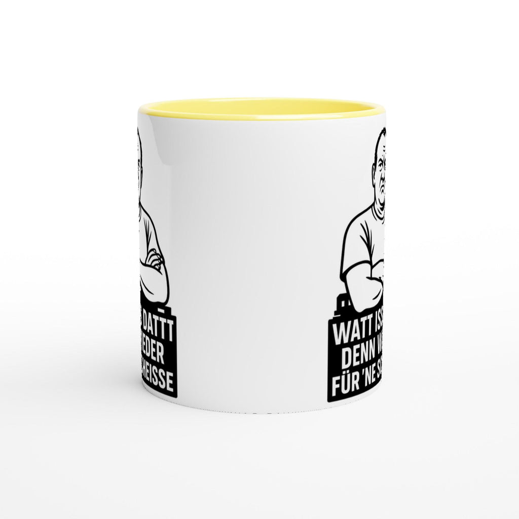 Weiße Keramiktasse mit gelbem Innenraum und witzigem Aufdruck als lustige keramiktasse geschenk