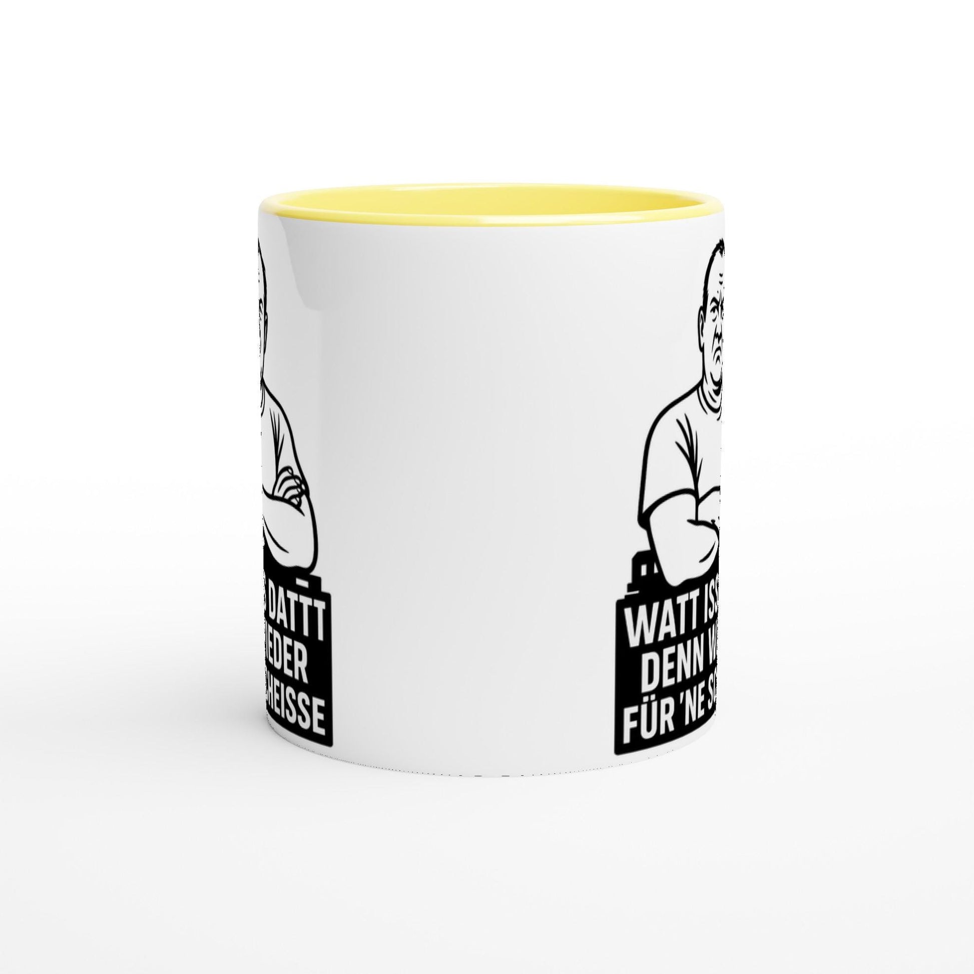 Weiße Keramiktasse mit gelbem Innenraum und witzigem Aufdruck als lustige keramiktasse geschenk