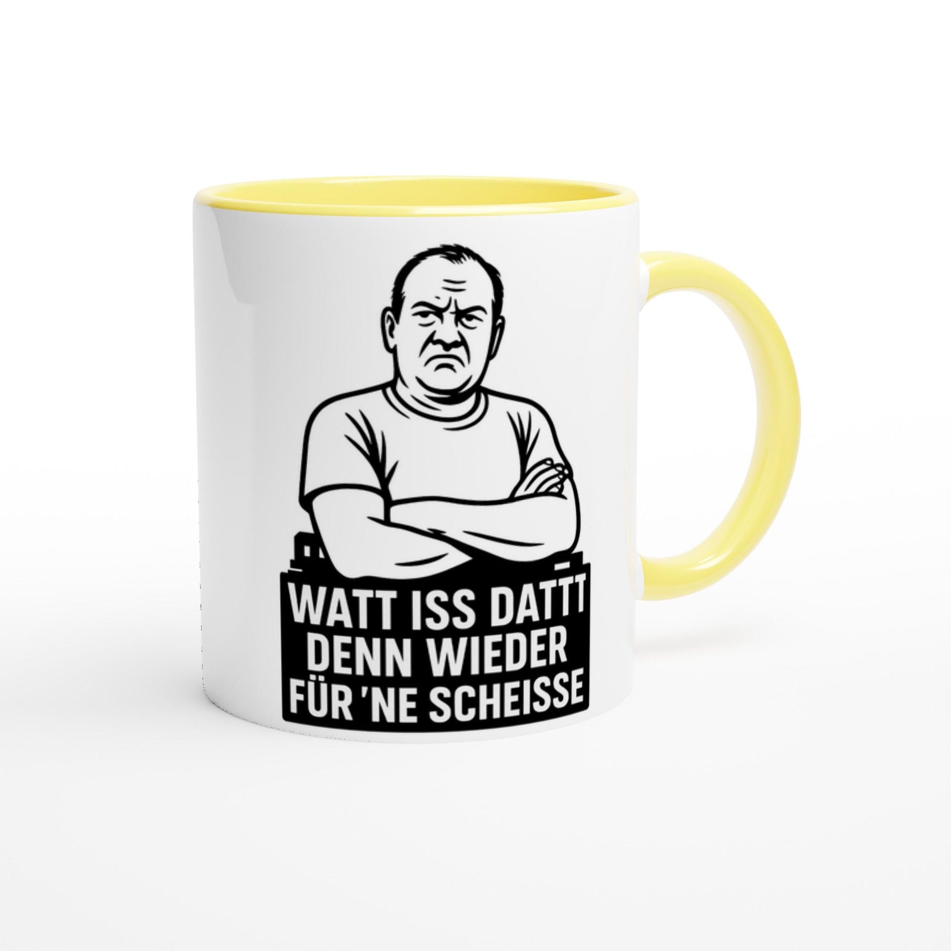 Lustige keramiktasse geschenk mit witzigem Spruch und gelbem Henkel und Innenrand