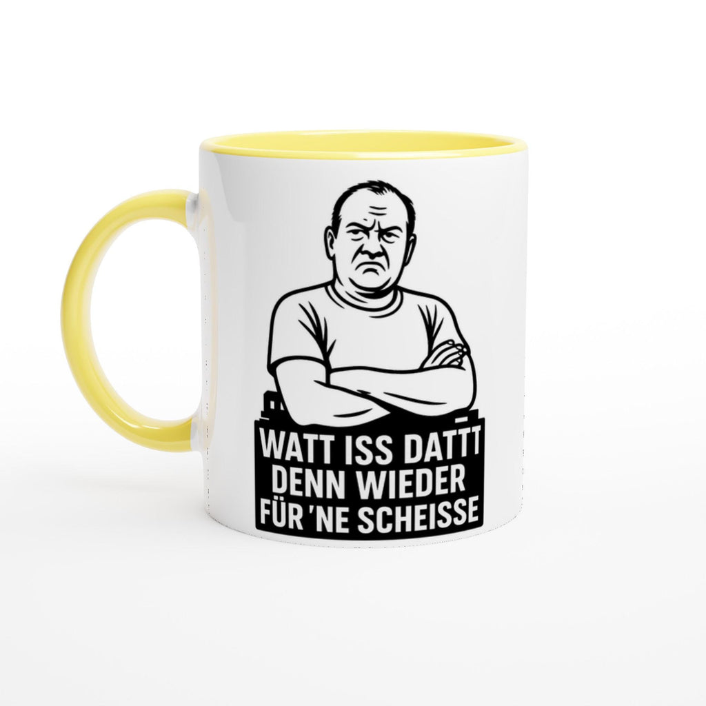 Lustige keramiktasse geschenk mit gelbem Griff und Innenraum sowie humorvollem Spruch in Schwarz-Weiß