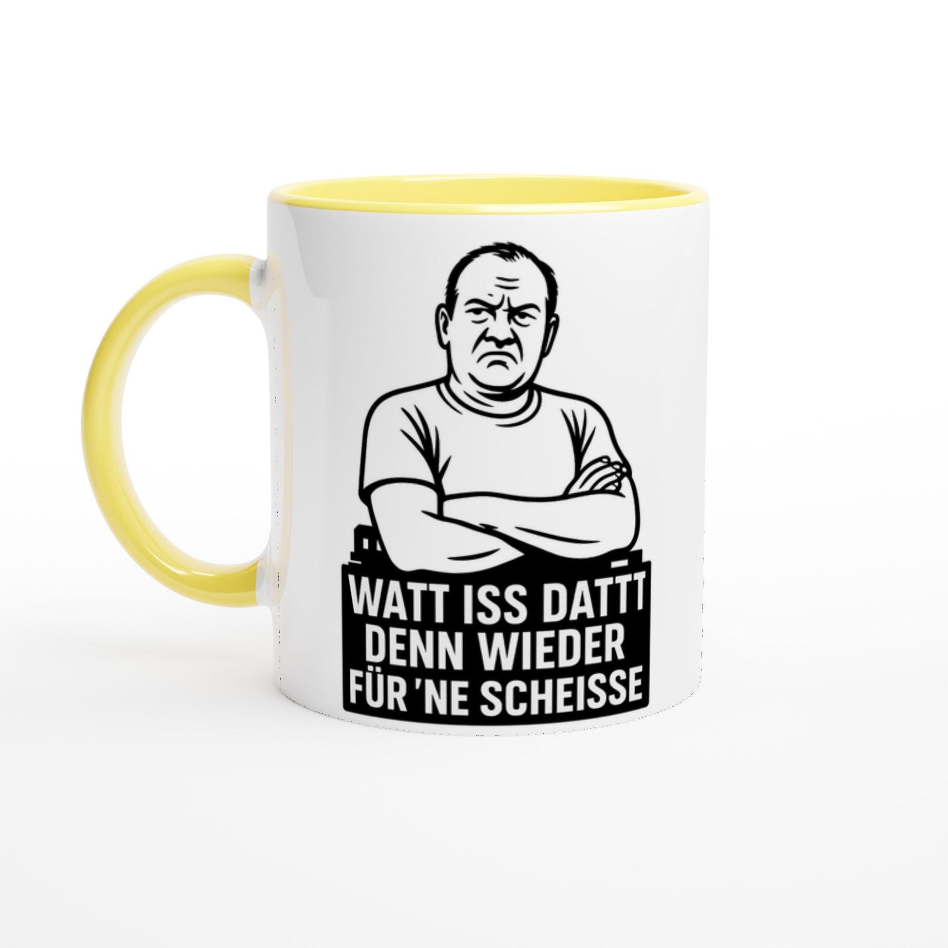 Lustige keramiktasse geschenk mit gelbem Griff und Innenraum sowie humorvollem Spruch in Schwarz-Weiß