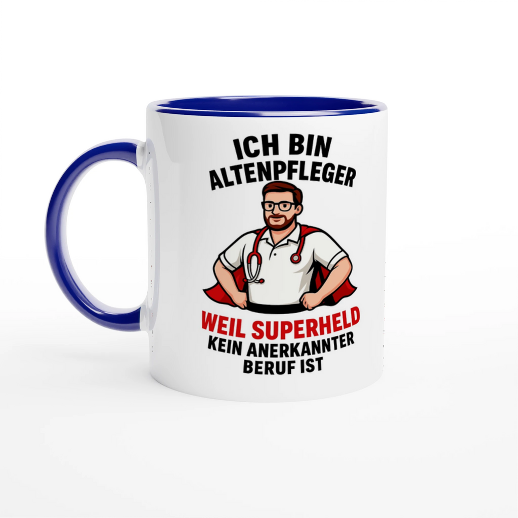 Lustige Tasse für Pflegekräfte mit Aufdruck Altenpfleger Superheld weiße Tasse mit blauem Henkel