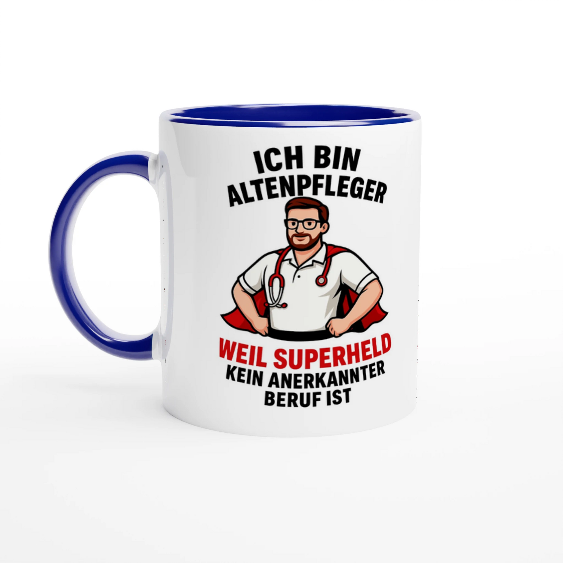 Lustige Tasse für Pflegekräfte mit Aufdruck Altenpfleger Superheld weiße Tasse mit blauem Henkel