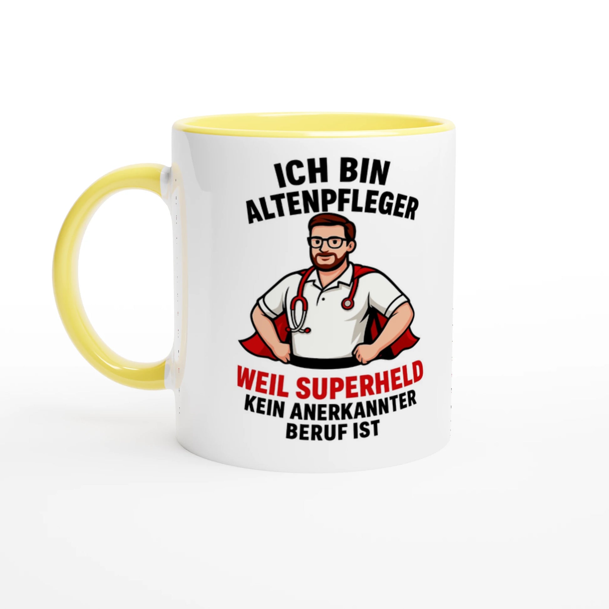 Lustige Tasse für Pflegekräfte mit Aufdruck Altenpfleger als Superheld in Weiß und Gelb