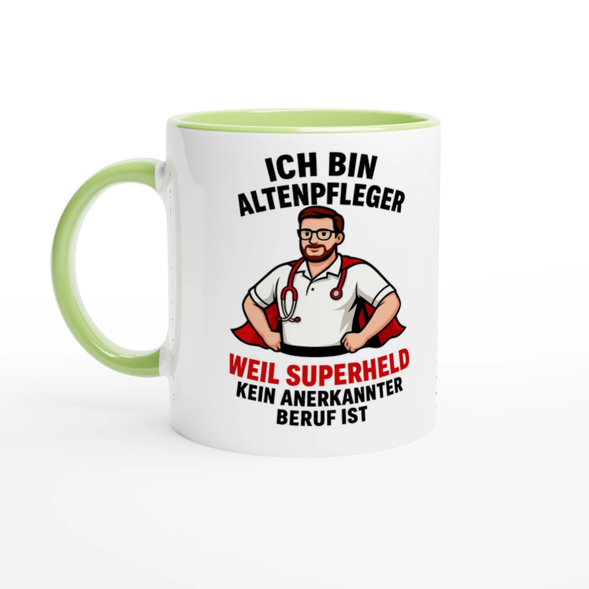 Weiße Tasse mit grünem Henkel und lustigem Spruch für Altenpflegekräfte lustige Tasse für Pflegekräfte