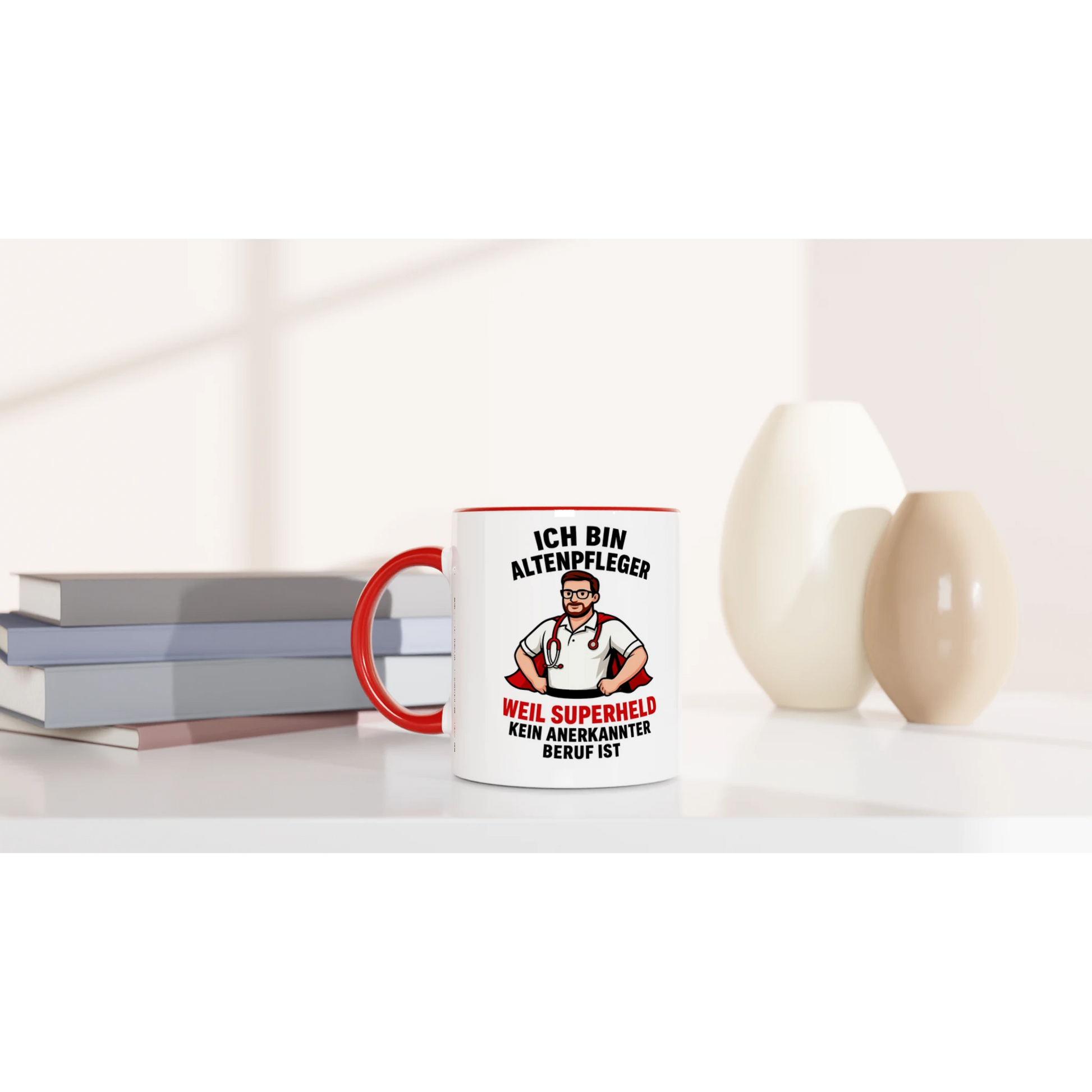 Lustige Tasse für Pflegekräfte mit Aufdruck Ich bin Altenpfleger Superheld weiß und rot