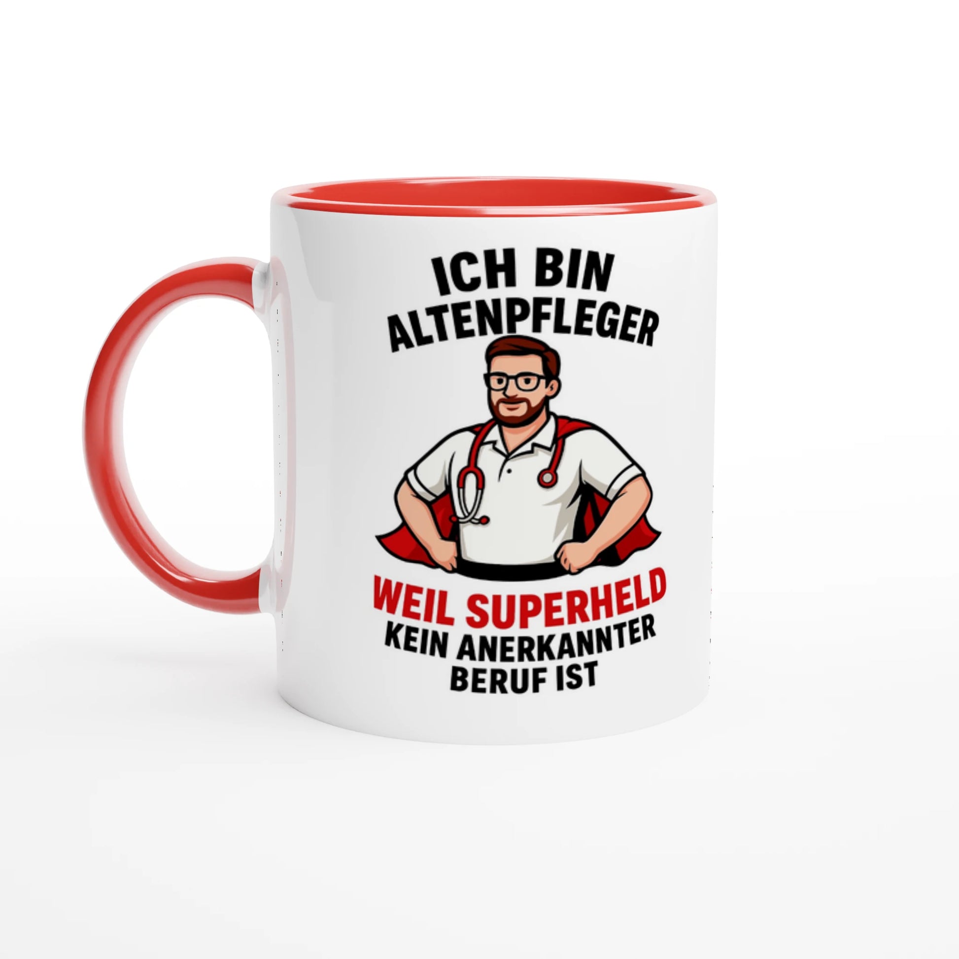 Weiße lustige Tasse für Pflegekräfte mit rotem Griff und Innenfarbe samt Spruch für Altenpfleger