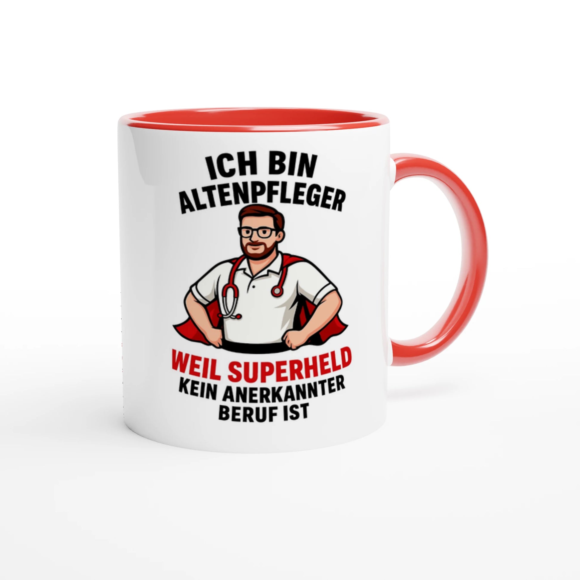 lustige Tasse für Pflegekräfte mit Aufdruck Altenpfleger als Superheld in Weiß und Rot