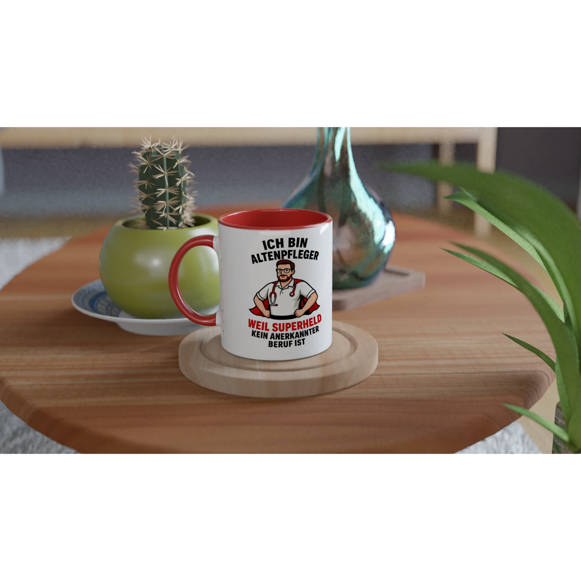 Lustige Tasse für Pflegekräfte mit rotem Griff und Aufdruck Ich bin Altenpfleger Weil Superheld kein anerkannter Beruf ist