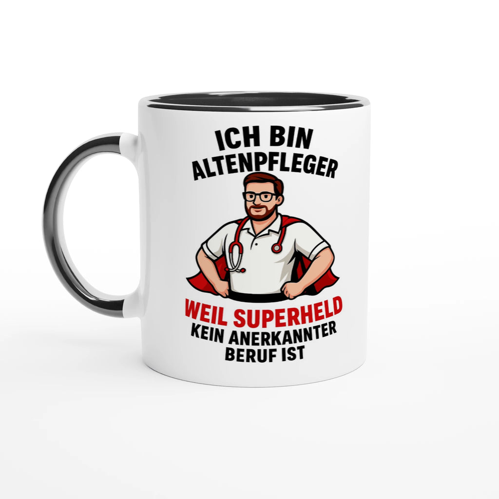 Lustige Tasse für Pflegekräfte mit Aufdruck Altenpfleger als Superheld mit Text