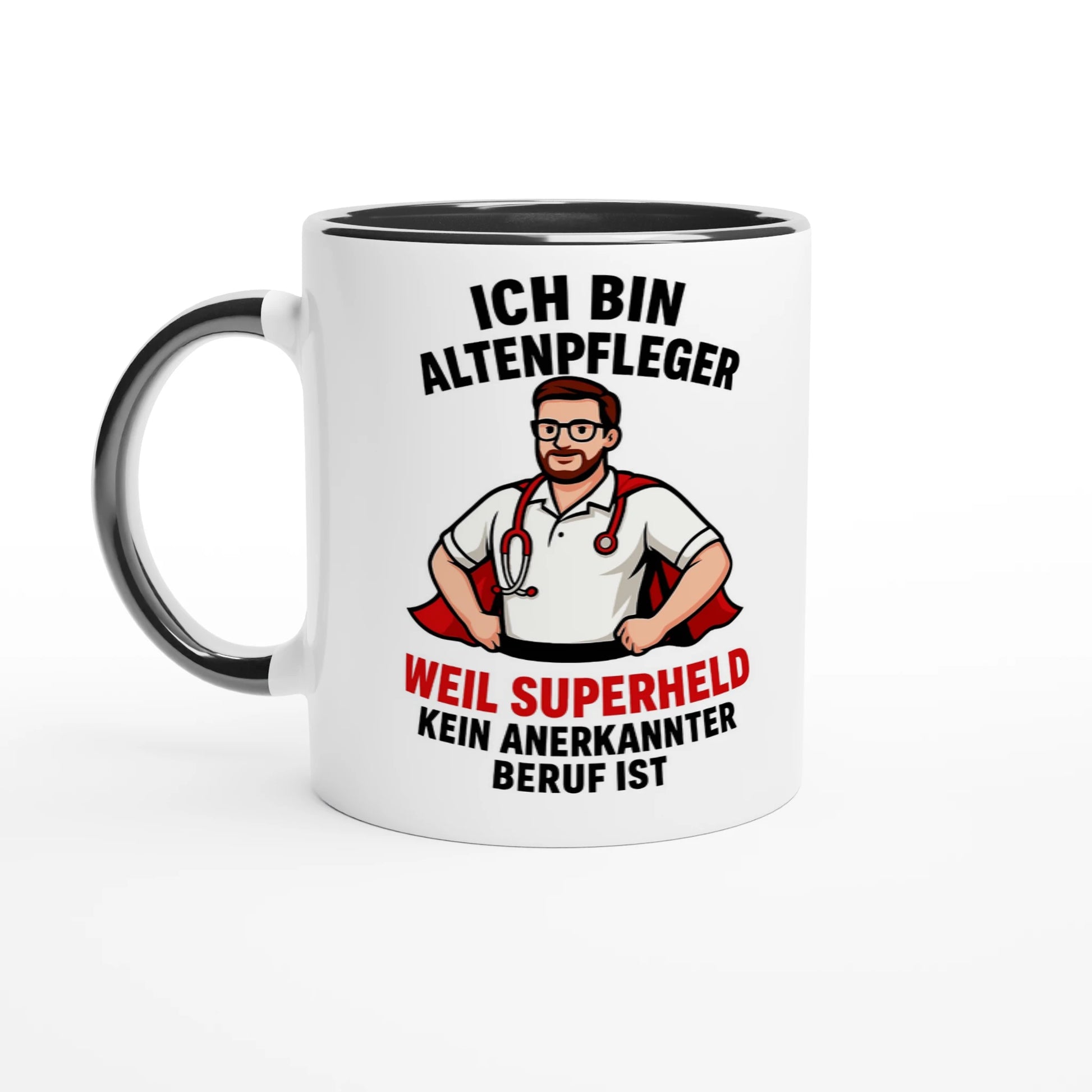 Lustige Tasse für Pflegekräfte mit Aufdruck Altenpfleger als Superheld mit Text
