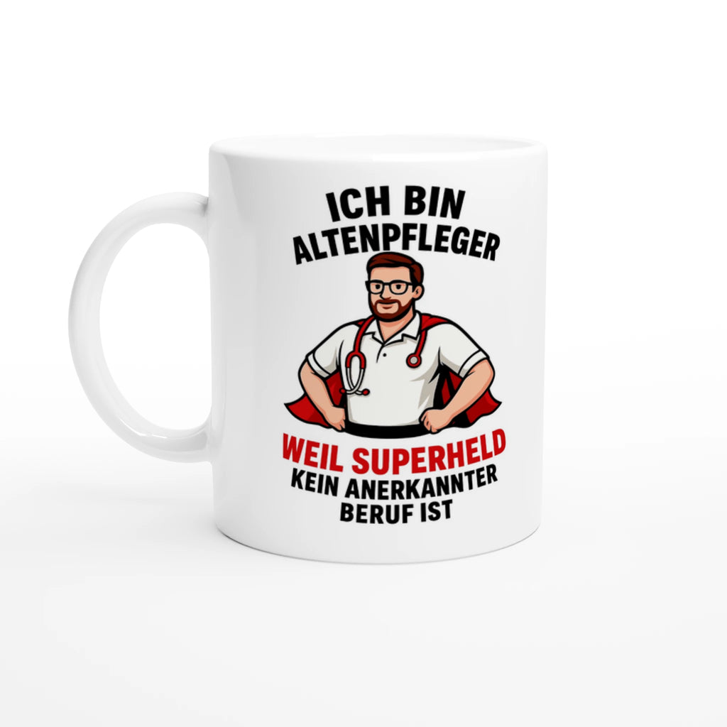 Lustige Tasse für Pflegekräfte mit Aufdruck Altenpfleger als Superheld mit rotem Umhang