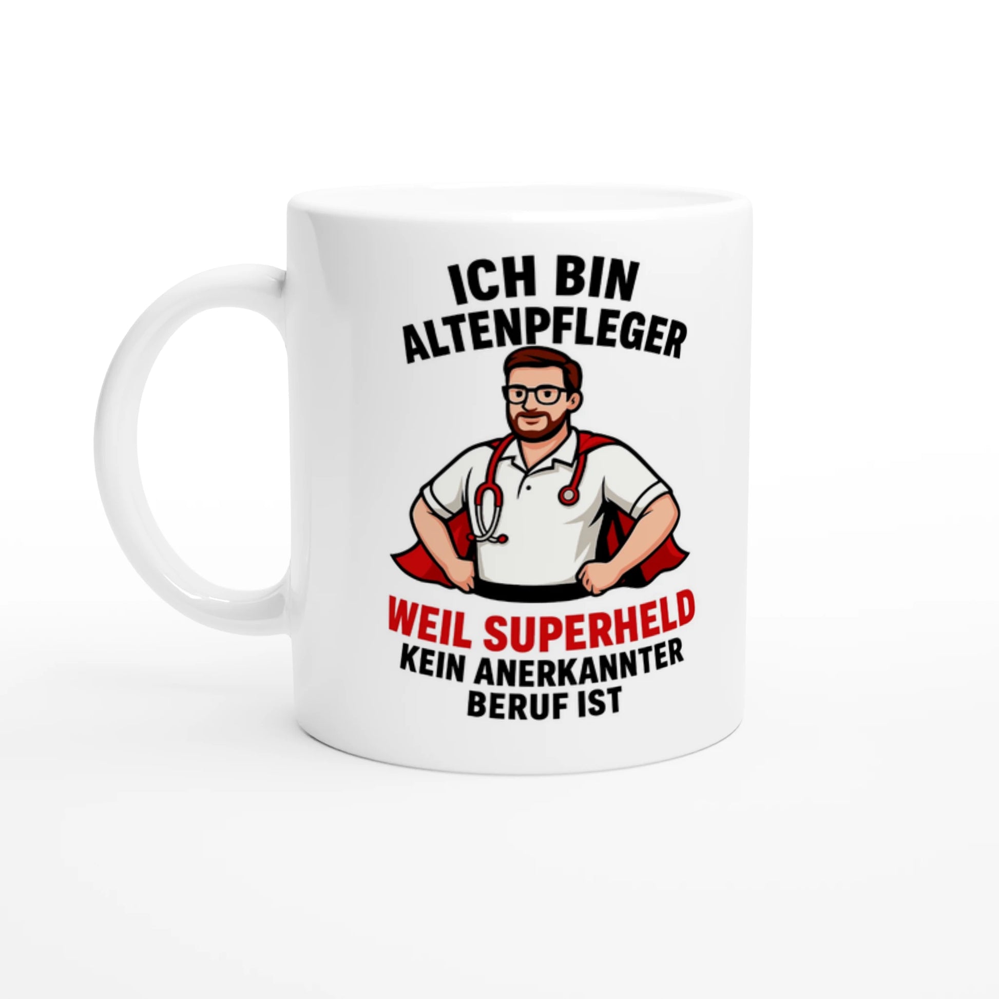 Lustige Tasse für Pflegekräfte mit Aufdruck Altenpfleger als Superheld mit rotem Umhang