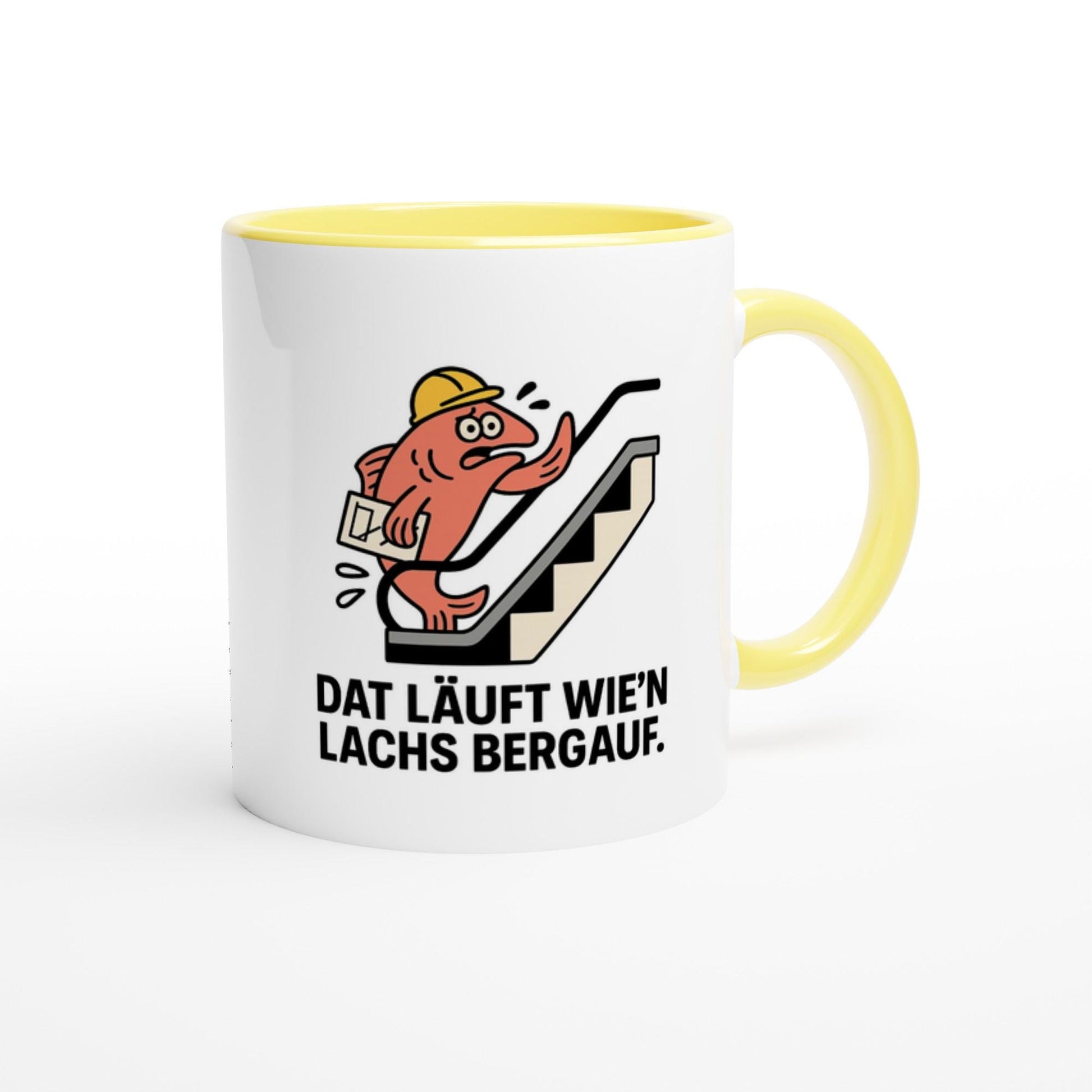 Lustige Tasse mit Spruch Dat läuft wie'n Lachs bergauf mit gelbem Griff und Innenleben