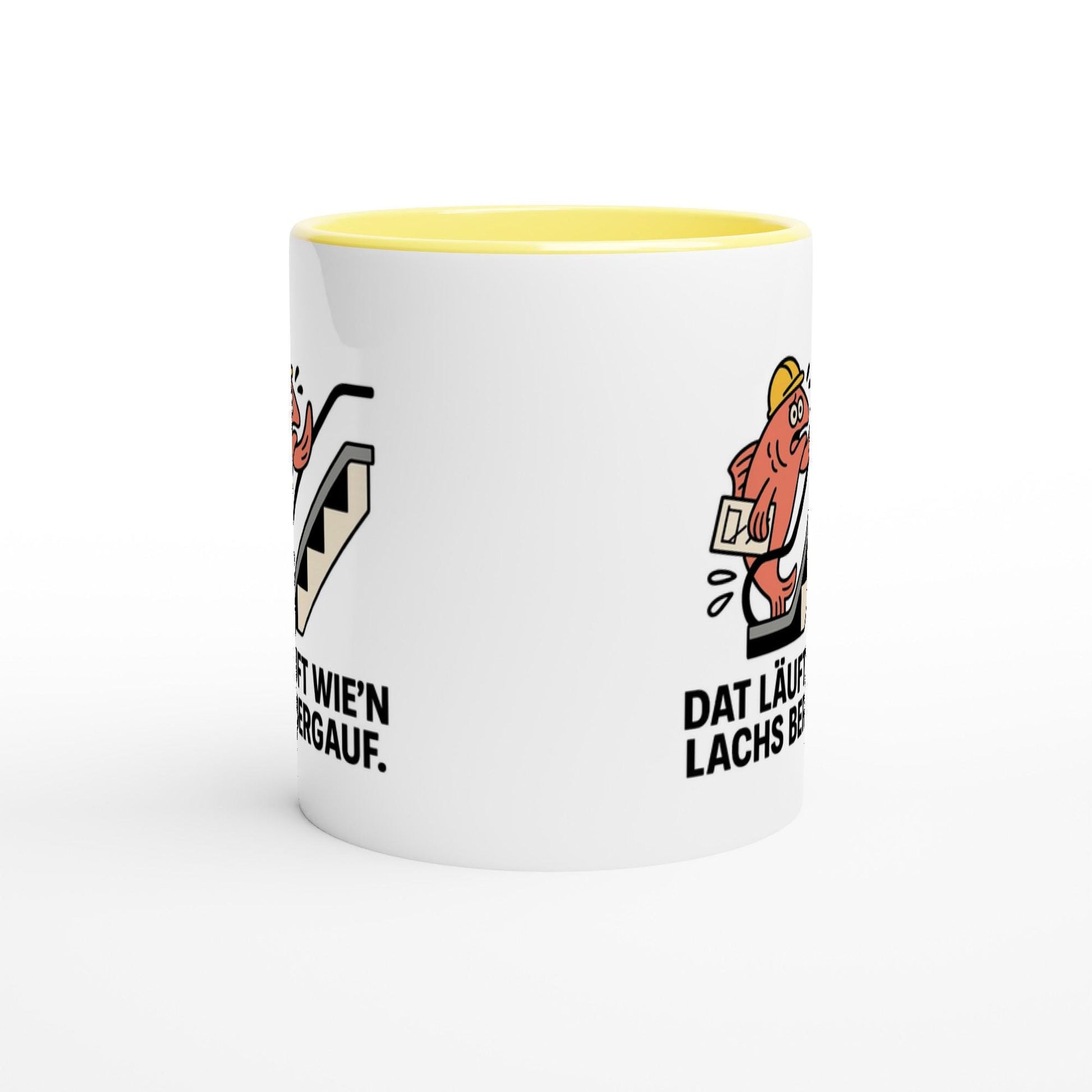 Weiße lustige Tasse mit Spruch und gelbem Innenrand von Mein Shop mit witzigem Lachsmotiv
