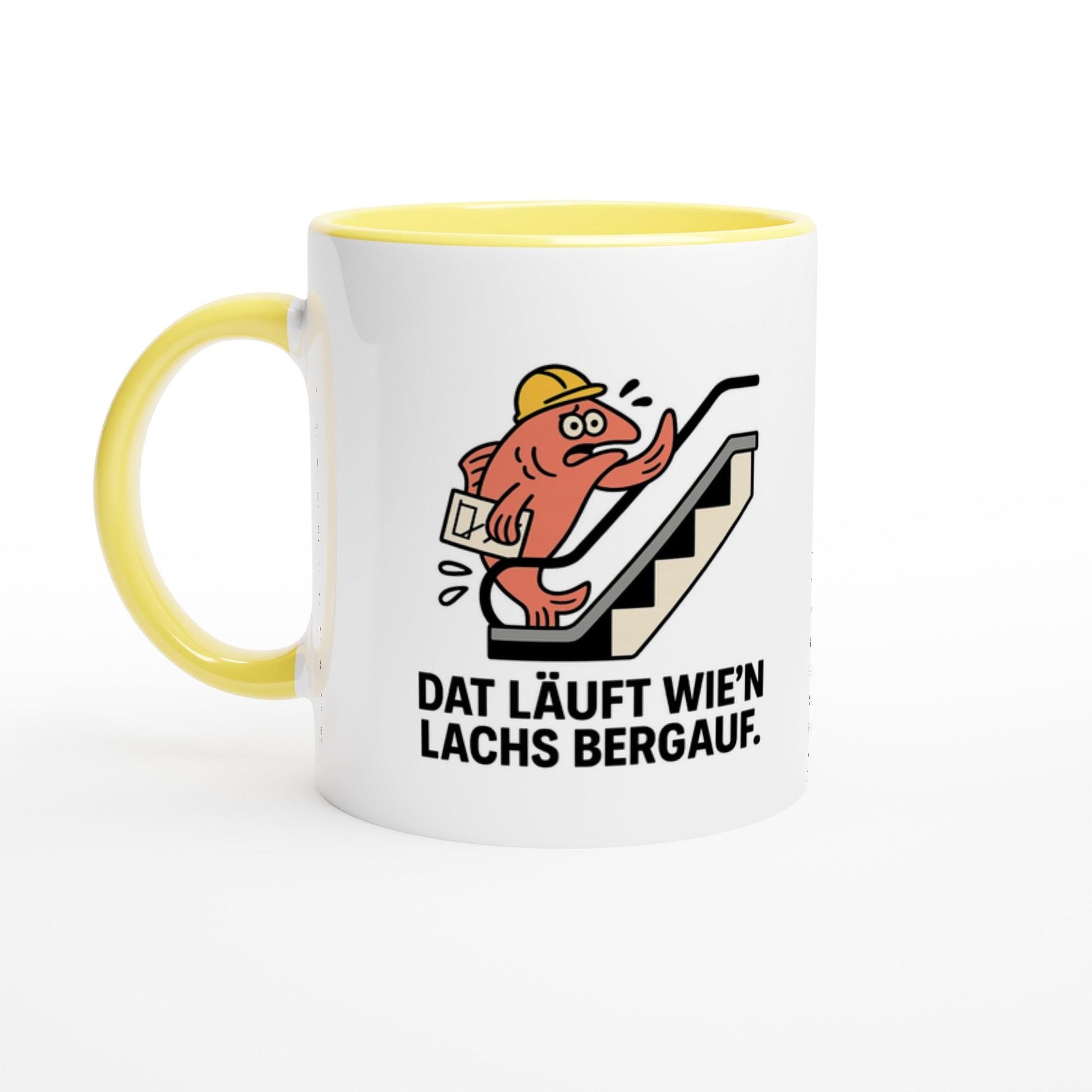 Lustige Tasse mit Spruch und gelbem Griff zeigt Cartoon-Lachs auf Rolltreppe Mein Shop