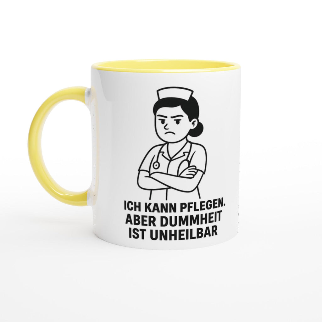 Weiße Tasse mit gelbem Henkel und witzigem Aufdruck als Geschenk für Pflegekräfte witzig