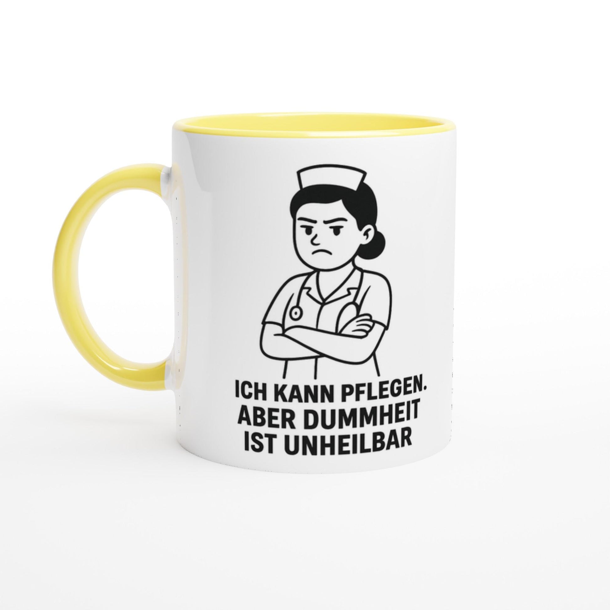 Weiße Tasse mit gelbem Henkel und witzigem Aufdruck als Geschenk für Pflegekräfte witzig
