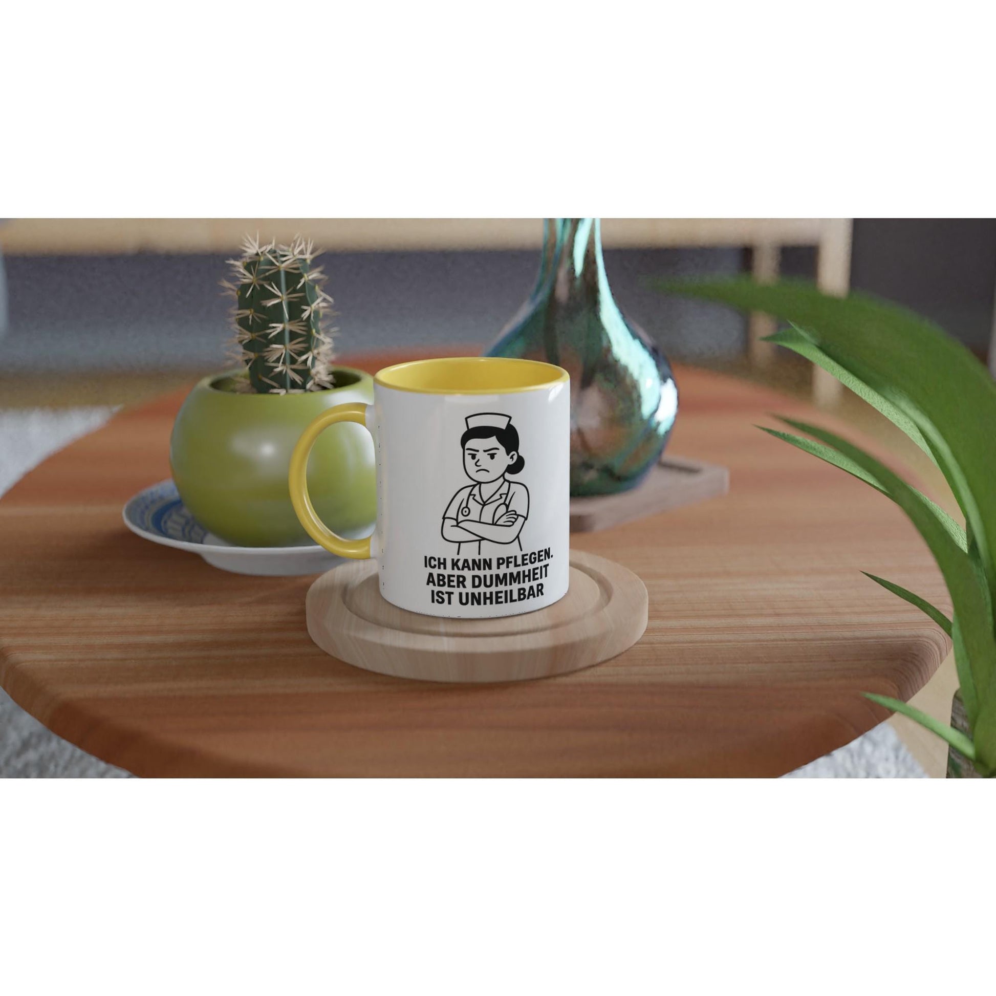 Witzige Tasse als Geschenk für Pflegekräfte witzig mit Spruch und Illustration einer Pflegerin