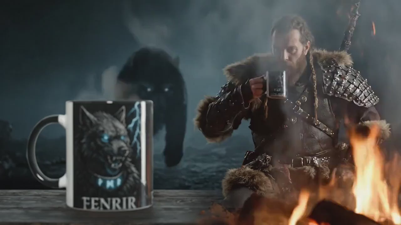 Fenrir Tasse – Nordische Mythologie Wolf – Wikinger Geschenk – Viking Mug mit Runen – Fenrir Wolf Illustration – Nordic Pagan Coffee Cup