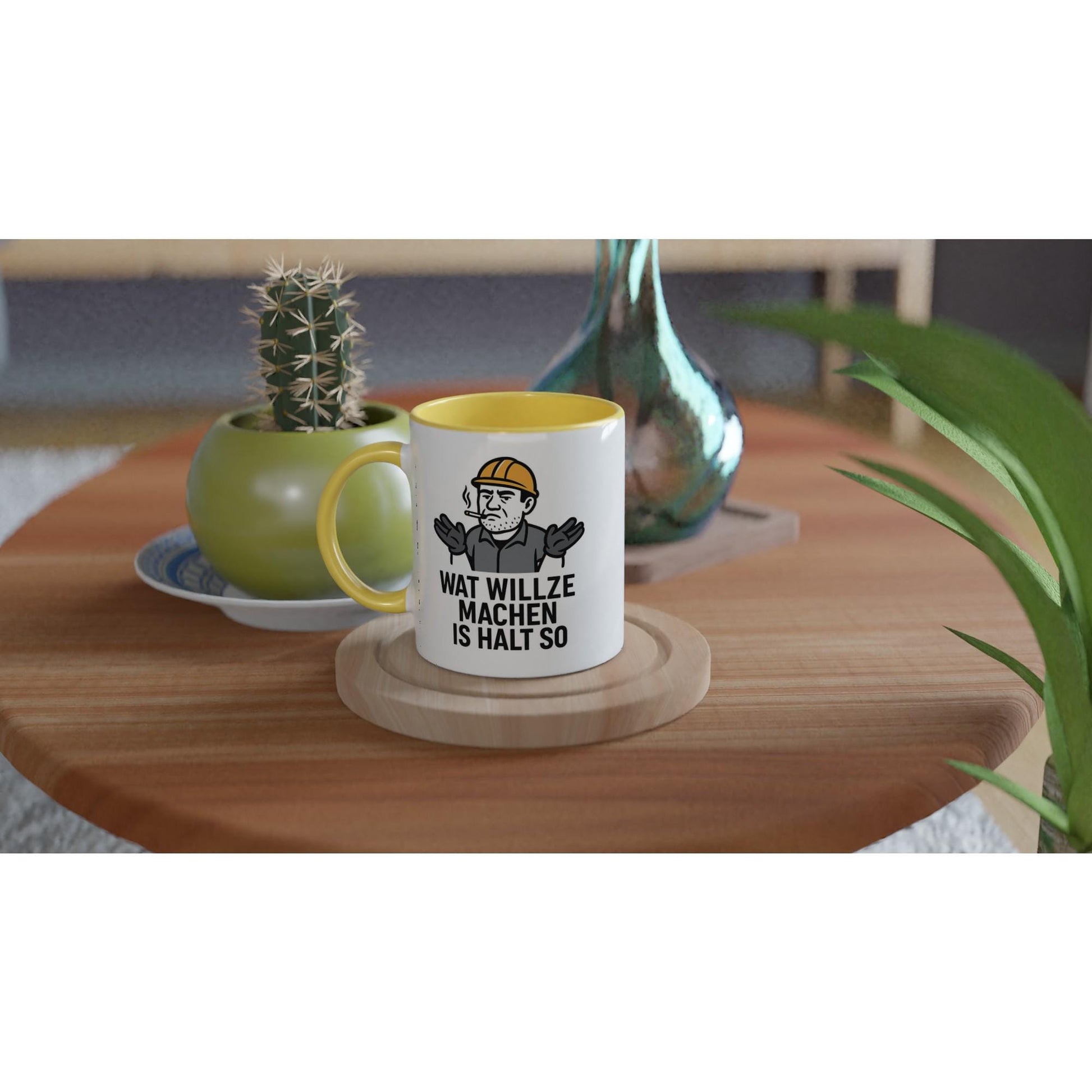 Wupperlike Ruhrpott Tasse Keramik mit gelbem Henkel und lustigem Spruch auf Holztisch