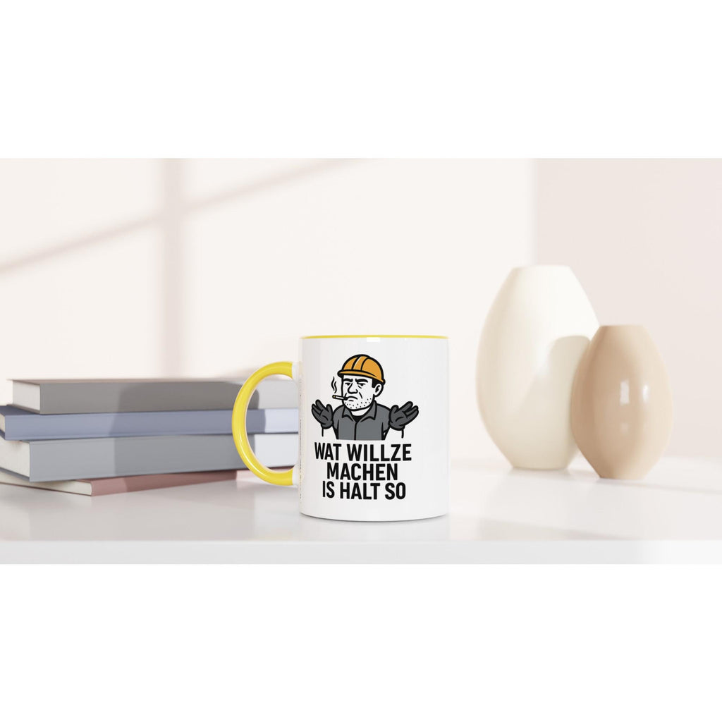 Wupperlike Ruhrpott Tasse Keramik mit gelbem Henkel und Bergmann-Motiv mit Spruch