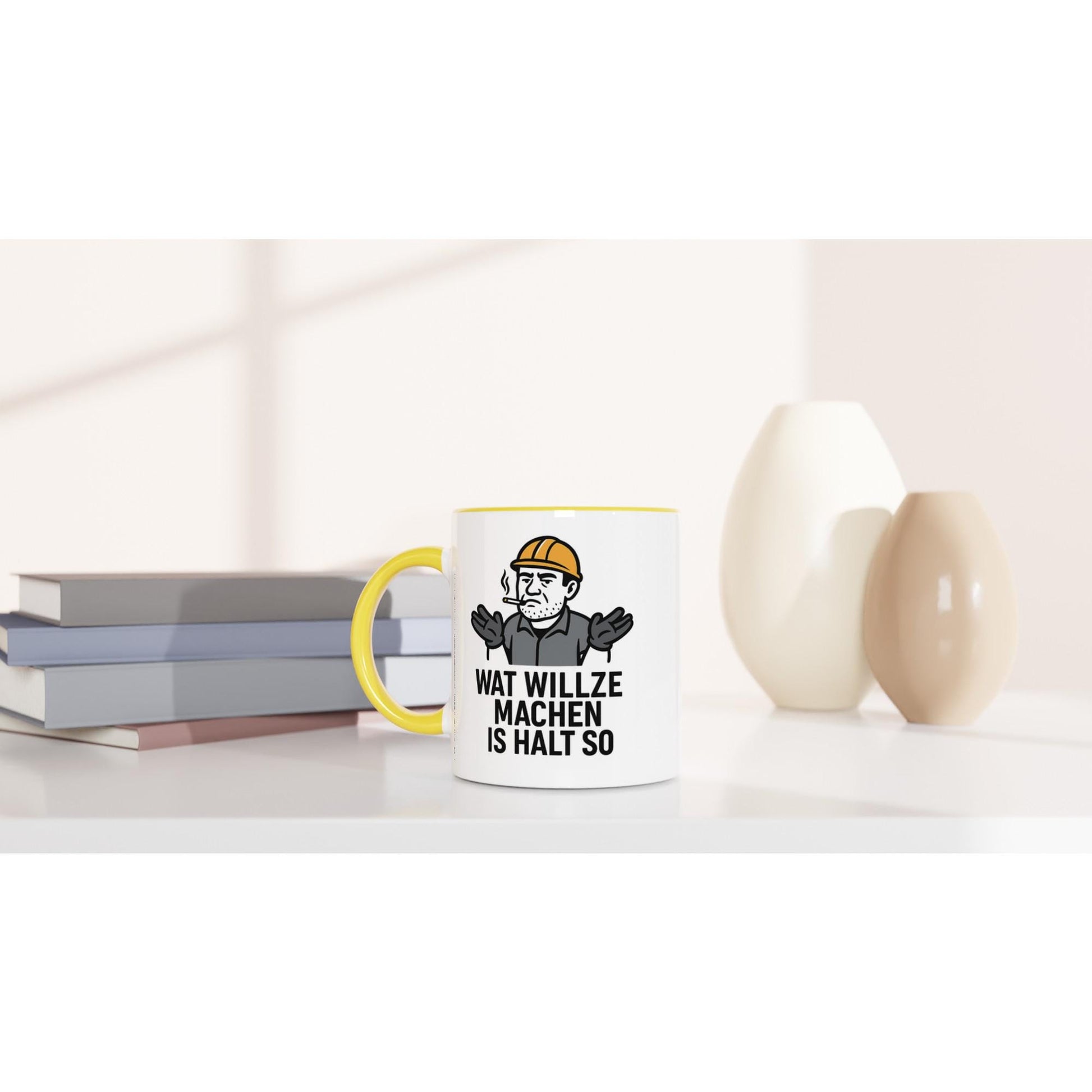 Wupperlike Ruhrpott Tasse Keramik mit gelbem Henkel und Bergmann-Motiv mit Spruch