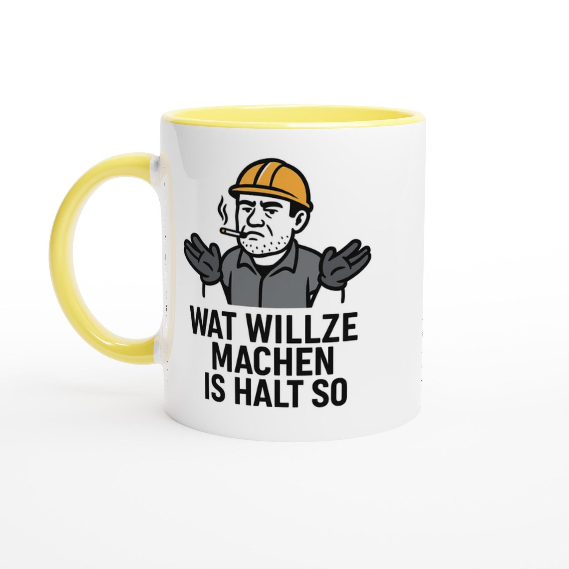 Wupperlike Ruhrpott Tasse Keramik mit gelbem Griff und lustigem Bergmann Design