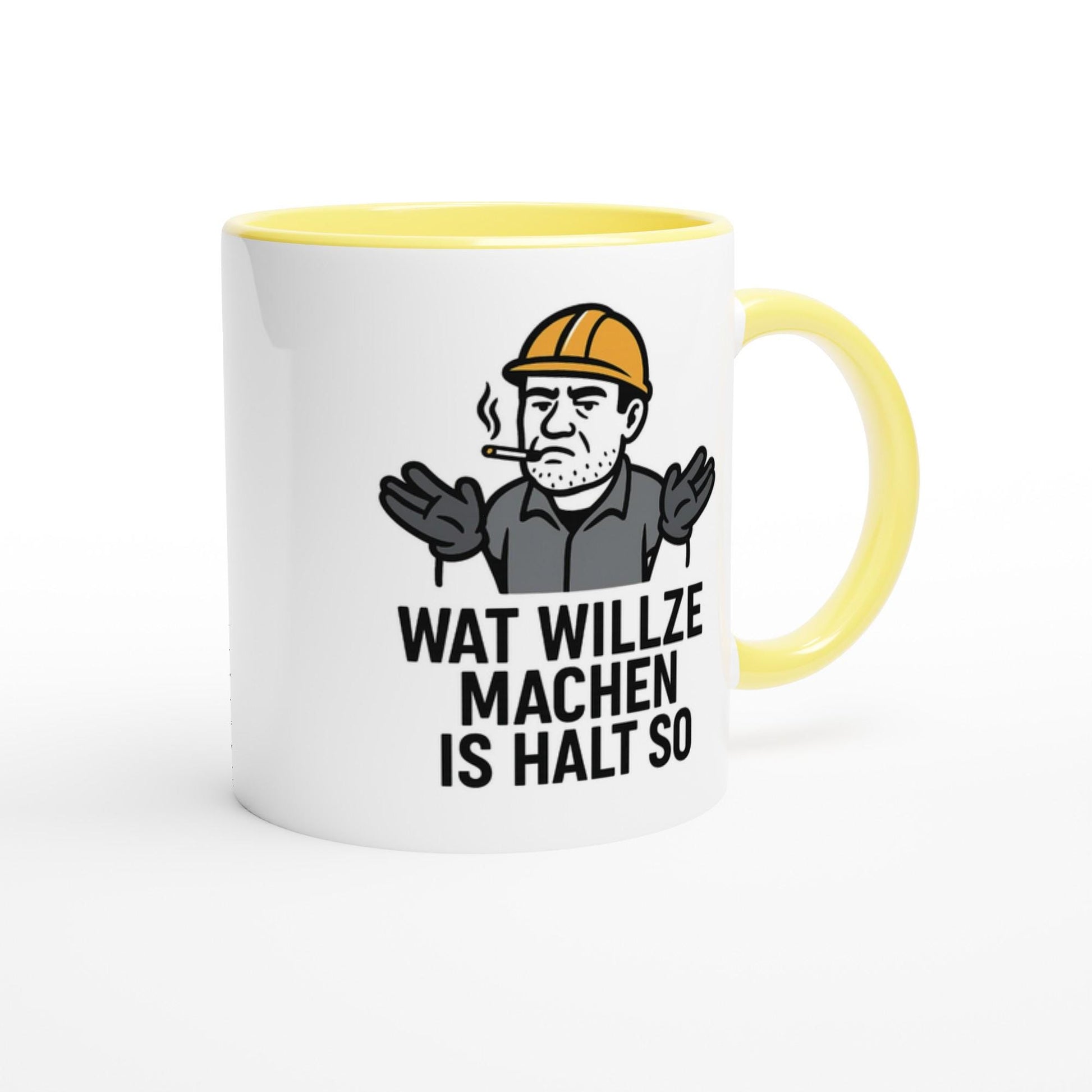 Wupperlike Ruhrpott Tasse Keramik mit gelbem Griff und Innenfläche sowie Ruhrpott-Spruch und Bergmann-Illustration