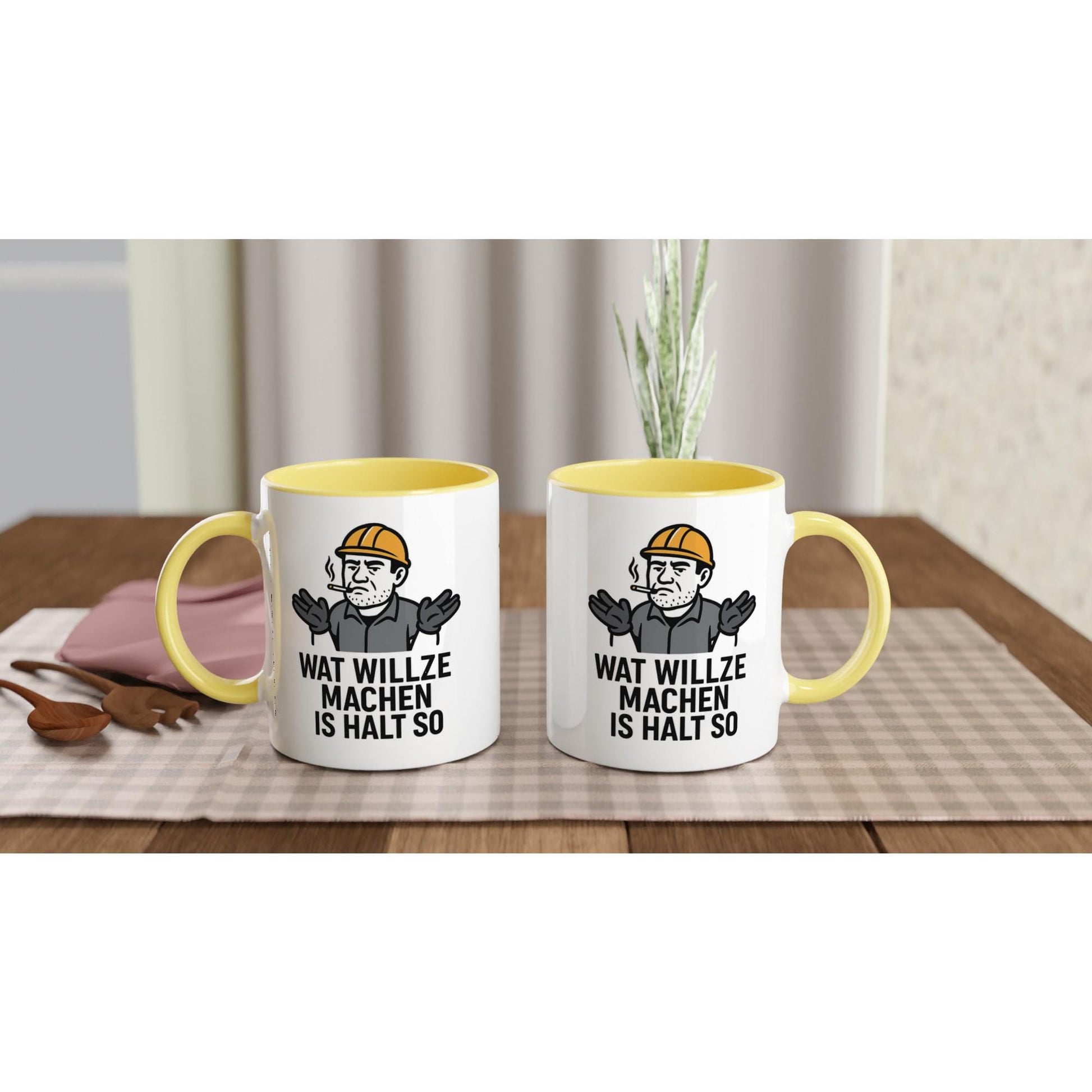 Wupperlike Ruhrpott Tasse Keramik mit gelbem Griff und lustigem Bergmann-Design