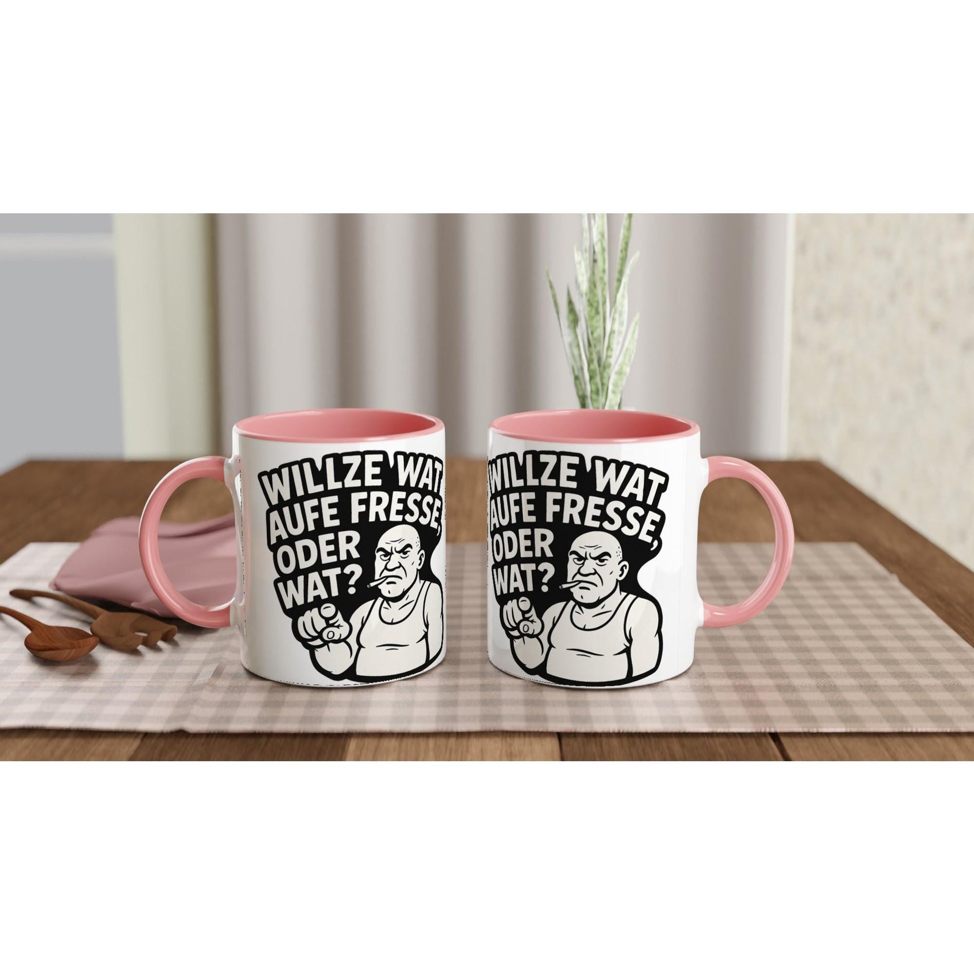 Zwei Ruhrpott Tasse lustig mit rosa Griffen und Innenleben auf Tisch mit Aufdruck Willze wat aufe Fresse oder wat