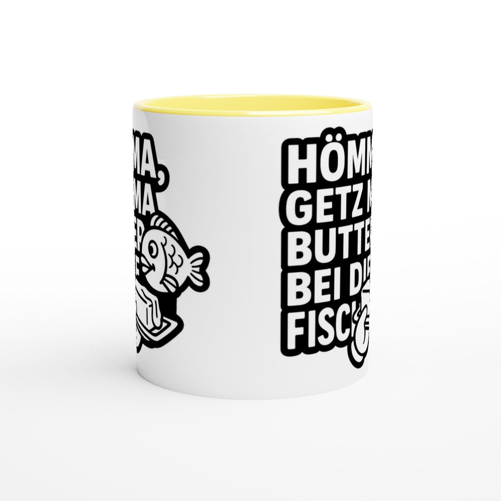 Weiße Tasse mit gelbem Innenraum und lustigem Ruhrpott Tasse lustig Spruch und Fischgrafik