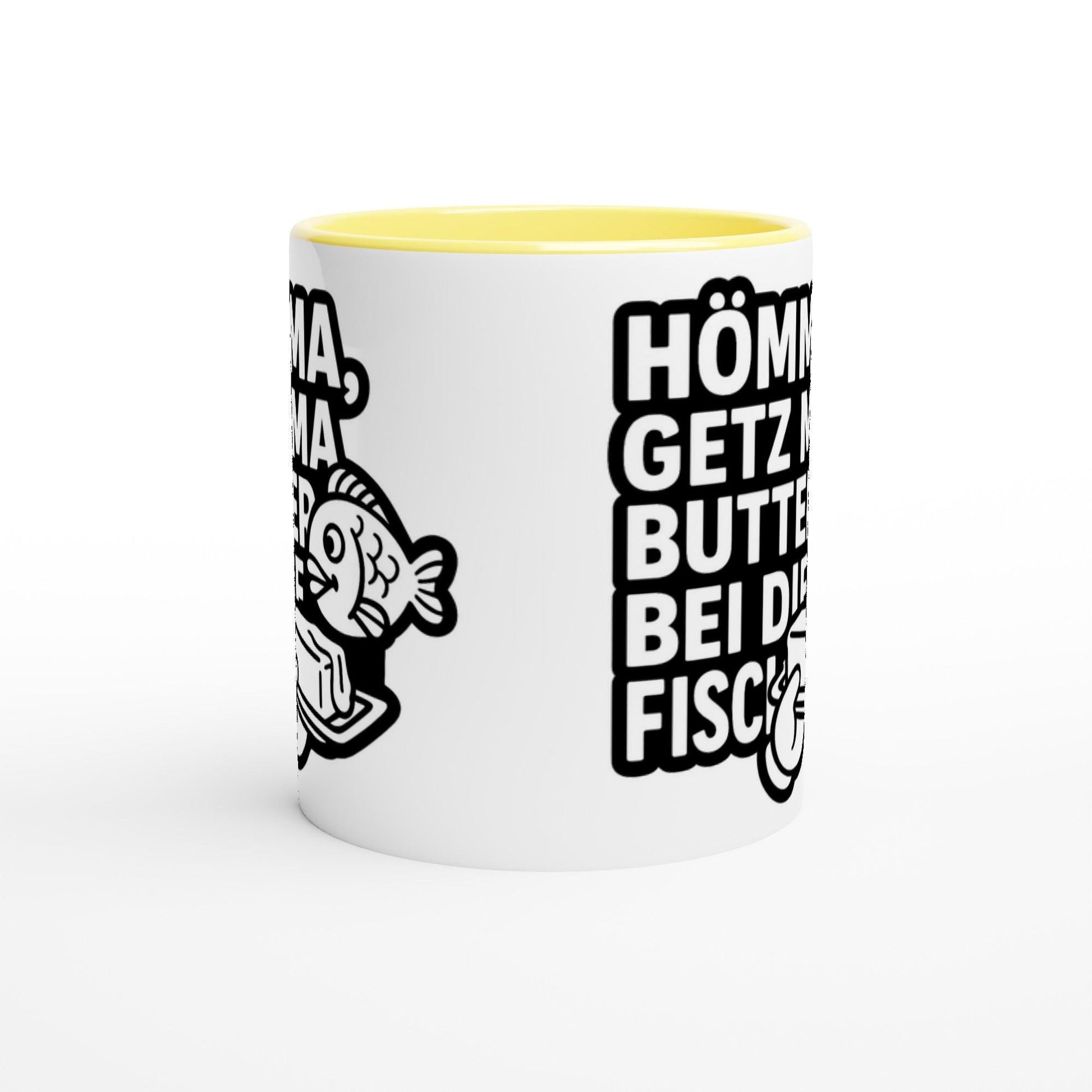 Weiße Tasse mit gelbem Innenraum und lustigem Ruhrpott Tasse lustig Spruch und Fischgrafik