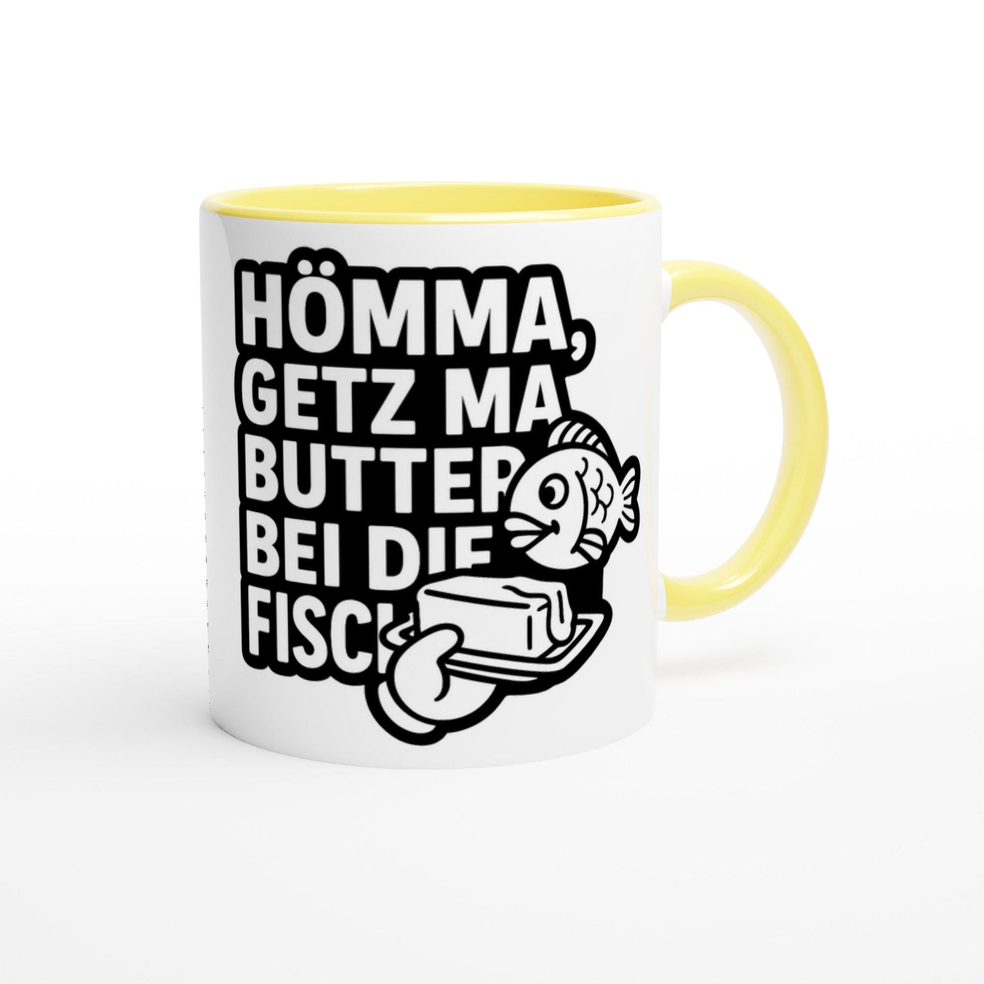 Weiße Ruhrpott Tasse lustig mit gelbem Henkel und Aufdruck Hömma, getz ma Butter bei die Fisch
