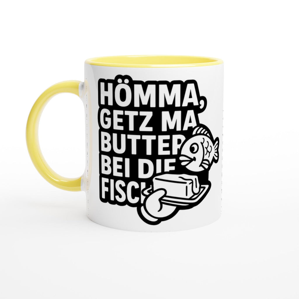 Weißgelbe Kaffeetasse mit Ruhrpott Tasse lustig Aufdruck und humorvollem Spruch mit Fisch und Butter