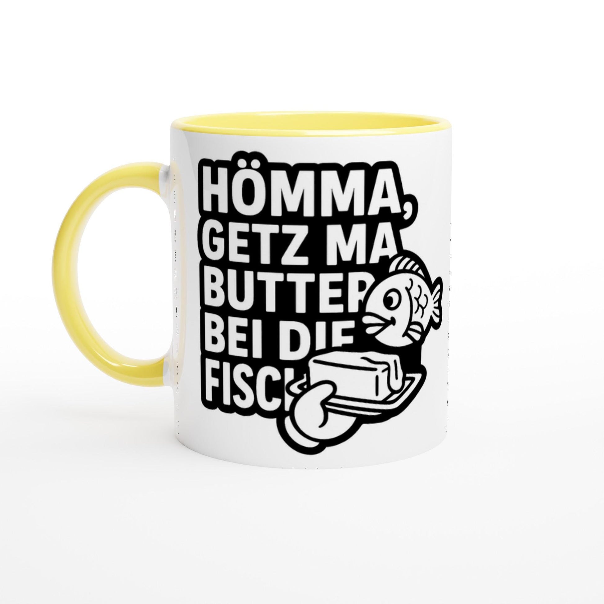 Weißgelbe Kaffeetasse mit Ruhrpott Tasse lustig Aufdruck und humorvollem Spruch mit Fisch und Butter