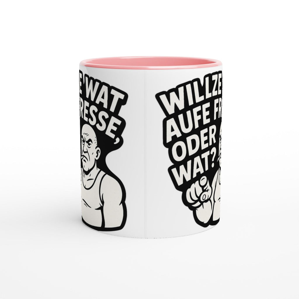 Ruhrpott Tasse lustig mit schwarz-weißem Comic-Mann und Ruhrpott-Sprüchen in Schwarz und Rosa innen