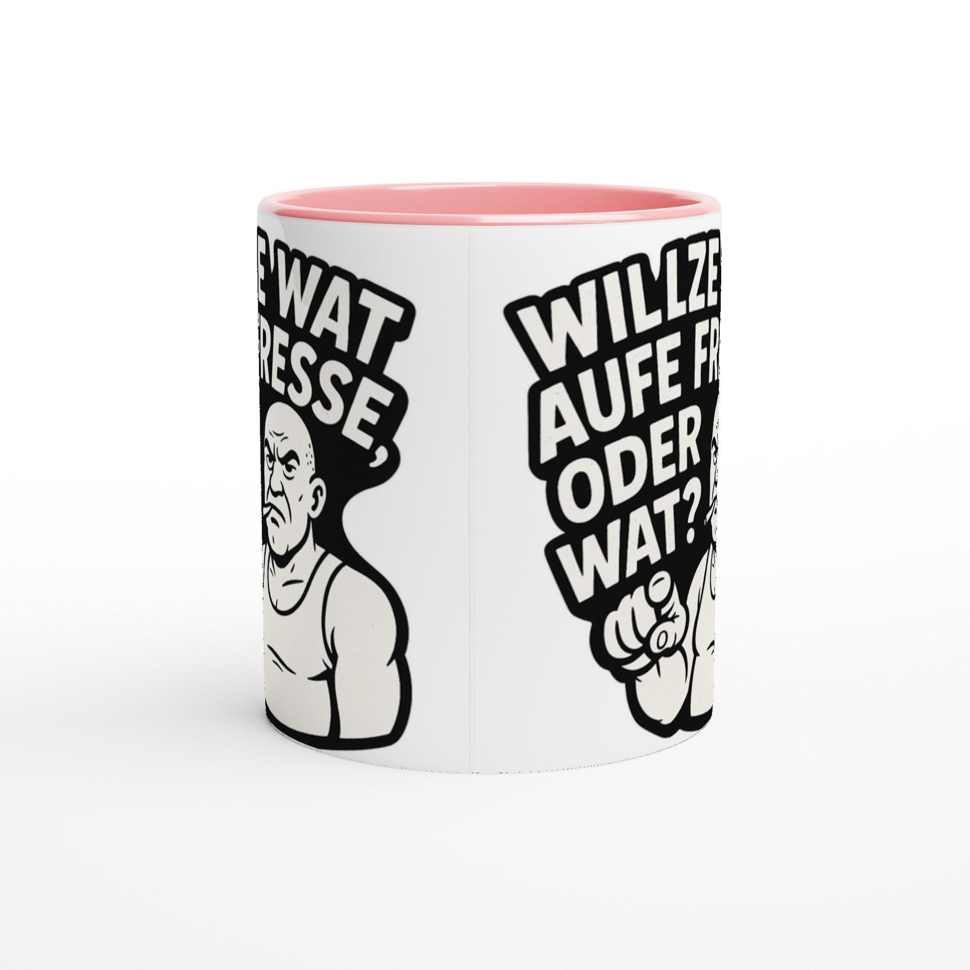 Ruhrpott Tasse lustig mit schwarz-weißem Comic-Mann und Ruhrpott-Sprüchen in Schwarz und Rosa innen
