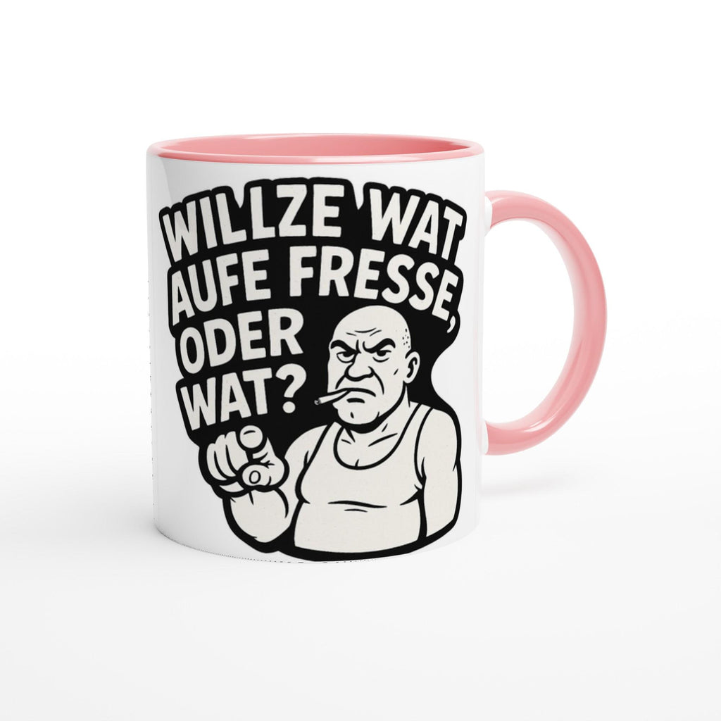 Weiß-rosa Tasse mit lustigem Ruhrpott Spruch und Cartoon-Mann Motiv Ruhrpott Tasse lustig
