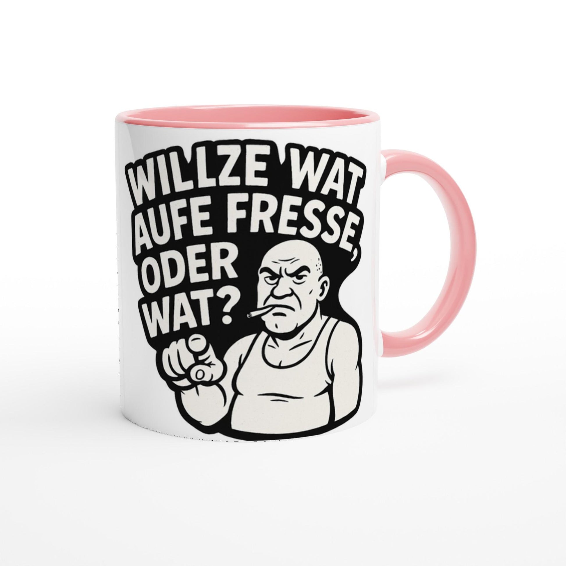 Weiß-rosa Tasse mit lustigem Ruhrpott Spruch und Cartoon-Mann Motiv Ruhrpott Tasse lustig