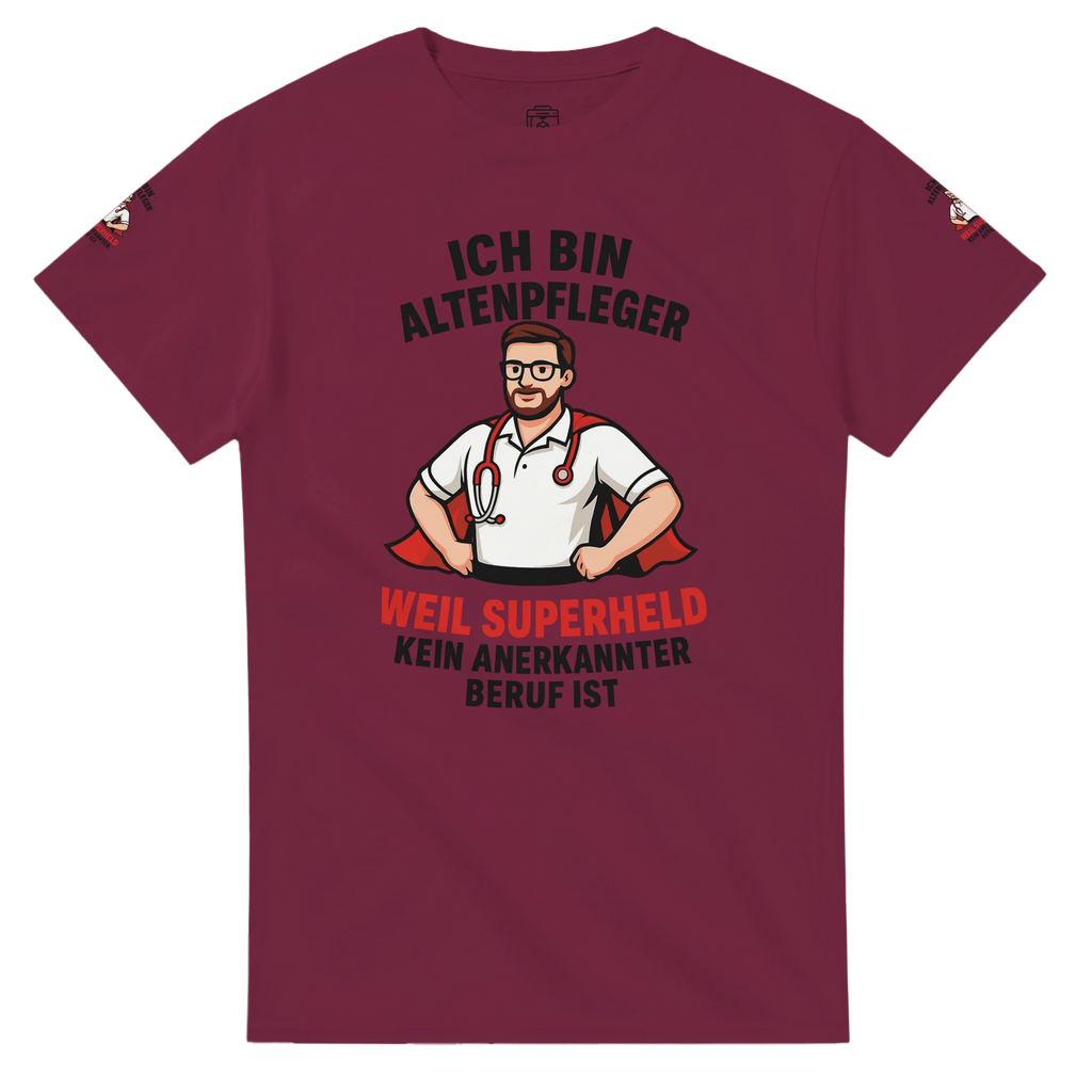 Bordeauxrotes T-Shirt Altenpfleger Geschenk mit Superheld-Motiv und Text für Pflegekräfte