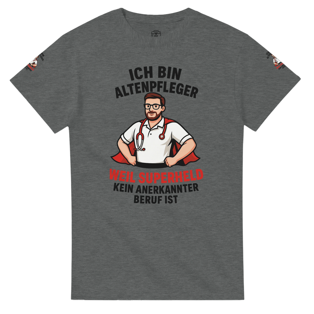 Wupperlike graues T-Shirt Altenpfleger Geschenk mit Superheld Motiv und Schriftzug für Pflegekräfte