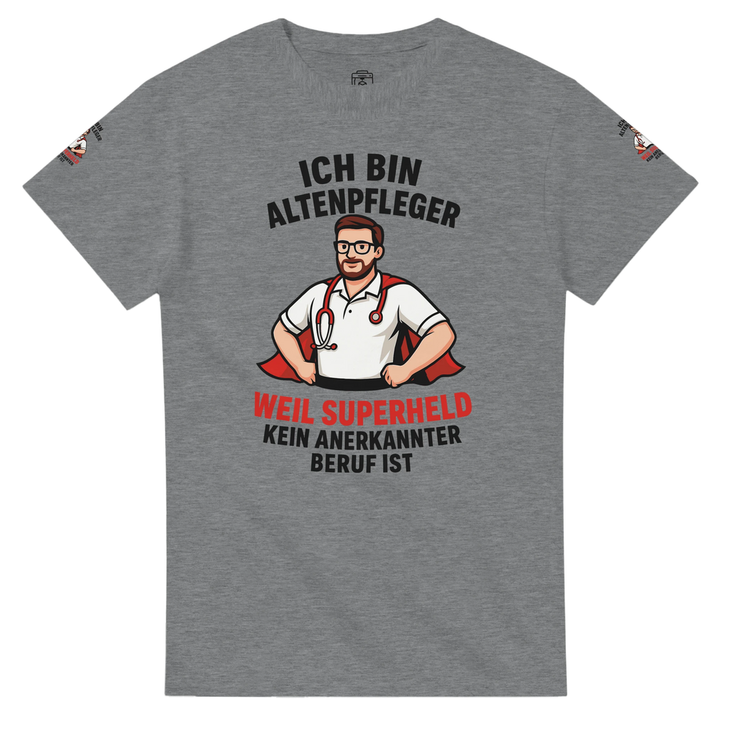 Graues T-Shirt Altenpfleger Geschenk mit Superheld-Design und Schriftzug für Pflegekräfte