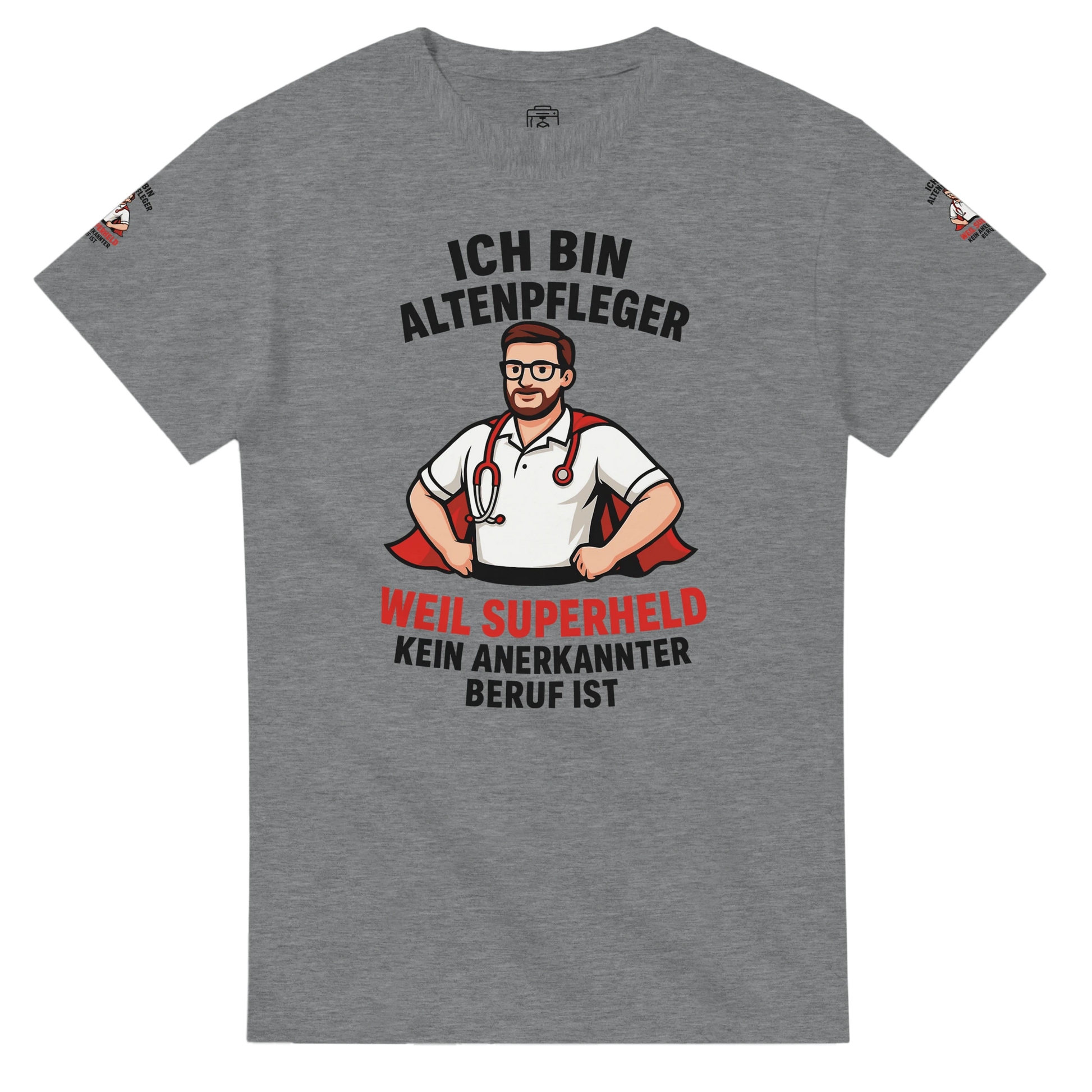 Graues T-Shirt Altenpfleger Geschenk mit Superheld-Design und Schriftzug für Pflegekräfte